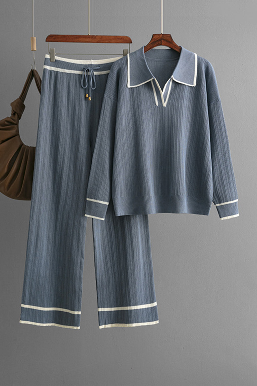 Blue Zone Planet | Contrast Trim Johnny Collar Top and Drawstring Pants Sweater Set-TOPS / DRESSES-[Adult]-[Female]-2022 Online Blue Zone Planet