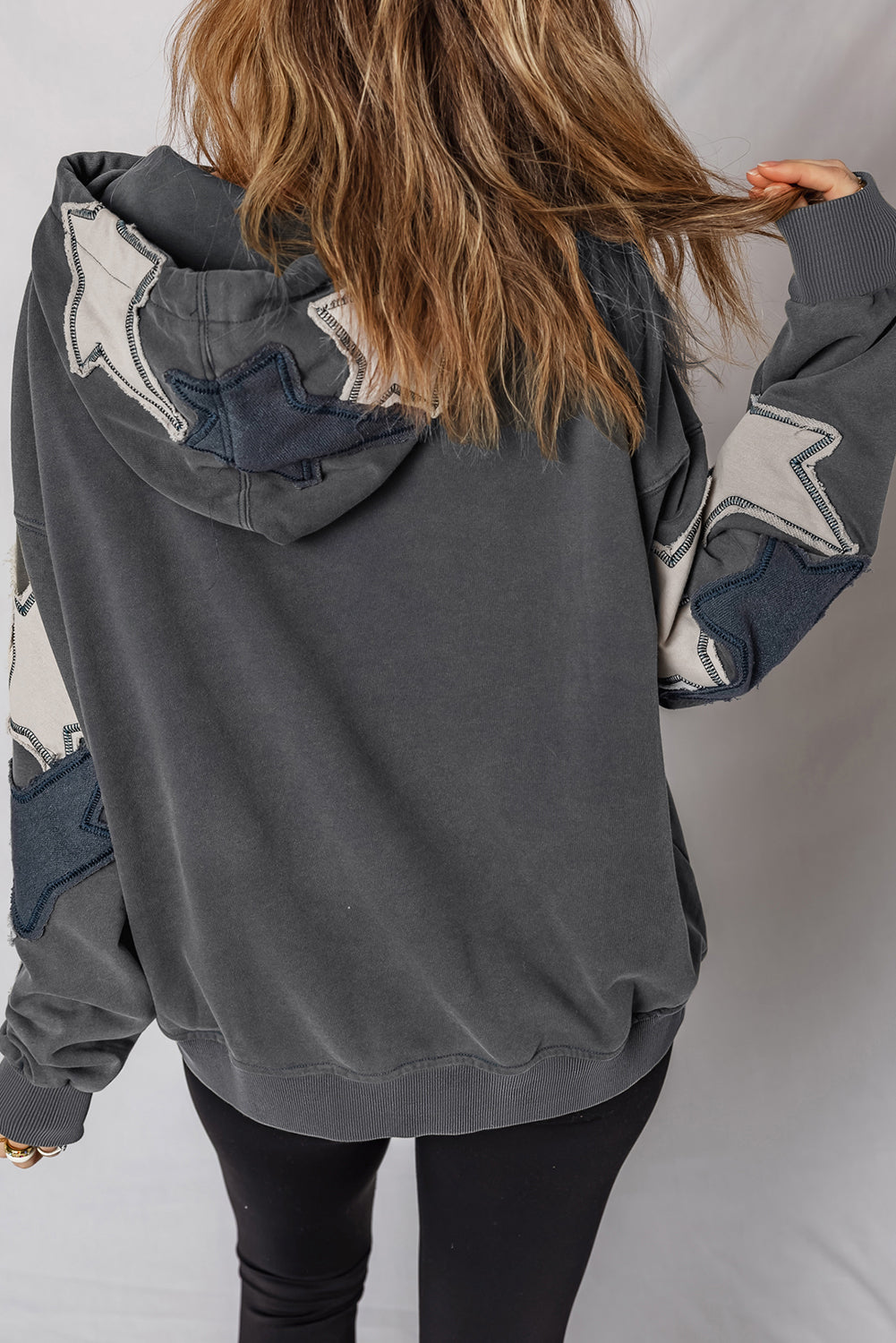 Carbon Grey Star Patchwork Contrast Stitching Mineral Wash Kangaroo Pocket Vintage Hoodie-Tops / Dresses-[Adult]-[Female]-2022 Online Blue Zone Planet