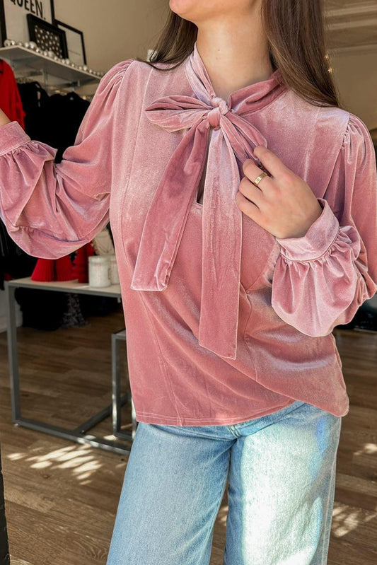 Fushia Solid Color Velvet Ribbon Bow Knot Long Sleeve Blouse-Tops/Blouses & Shirts-[Adult]-[Female]-Fushia-S-2022 Online Blue Zone Planet