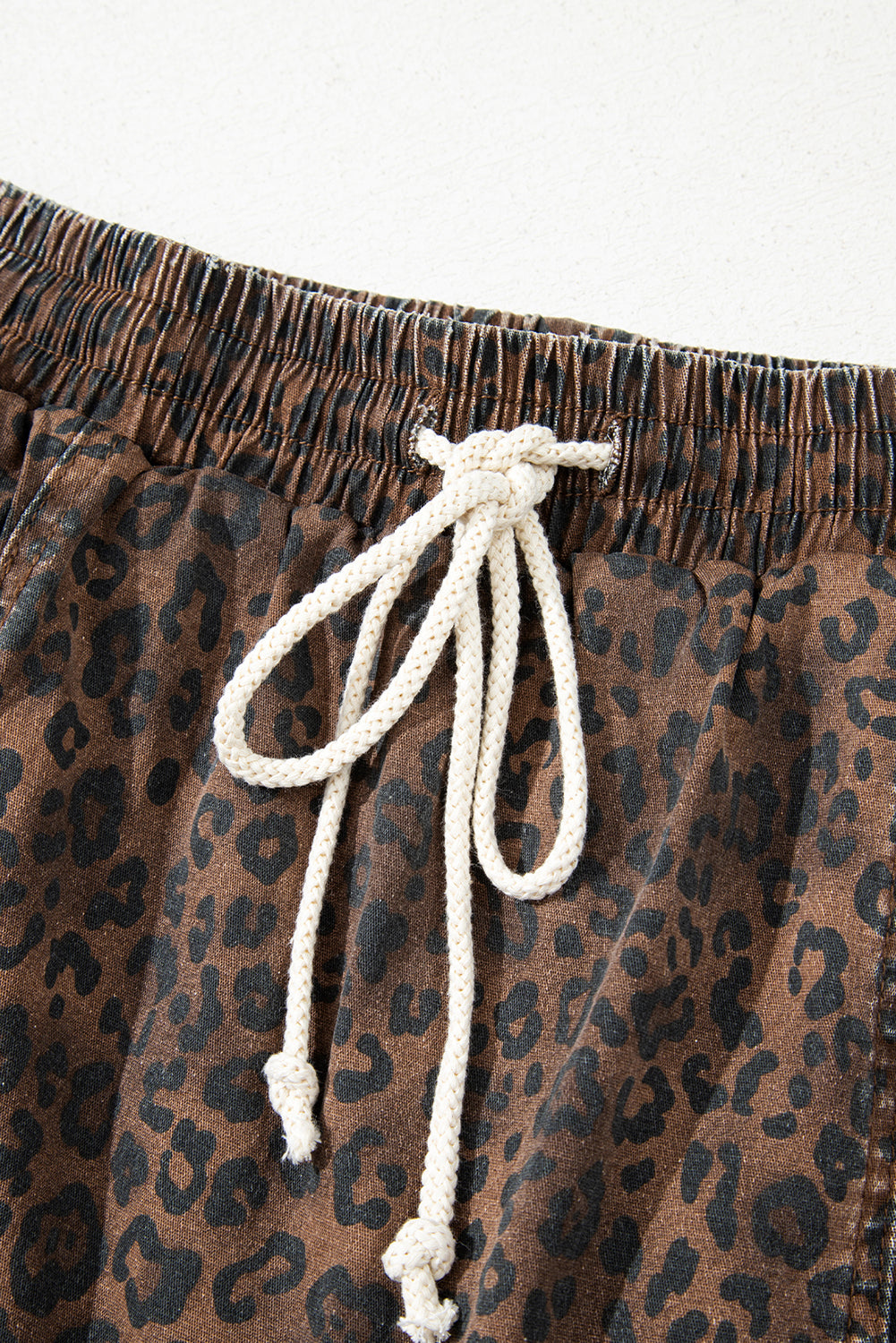 Brown Leopard Print Elastic Waist Drawstring Denim Skort-Bottoms/Denim Shorts-[Adult]-[Female]-2022 Online Blue Zone Planet