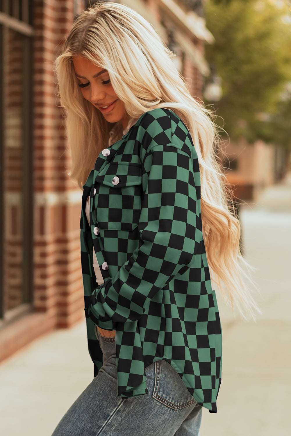 Green Checkerboard Flap Pocket Button Front Shacket-Outerwear/Plaid Shackets-[Adult]-[Female]-2022 Online Blue Zone Planet
