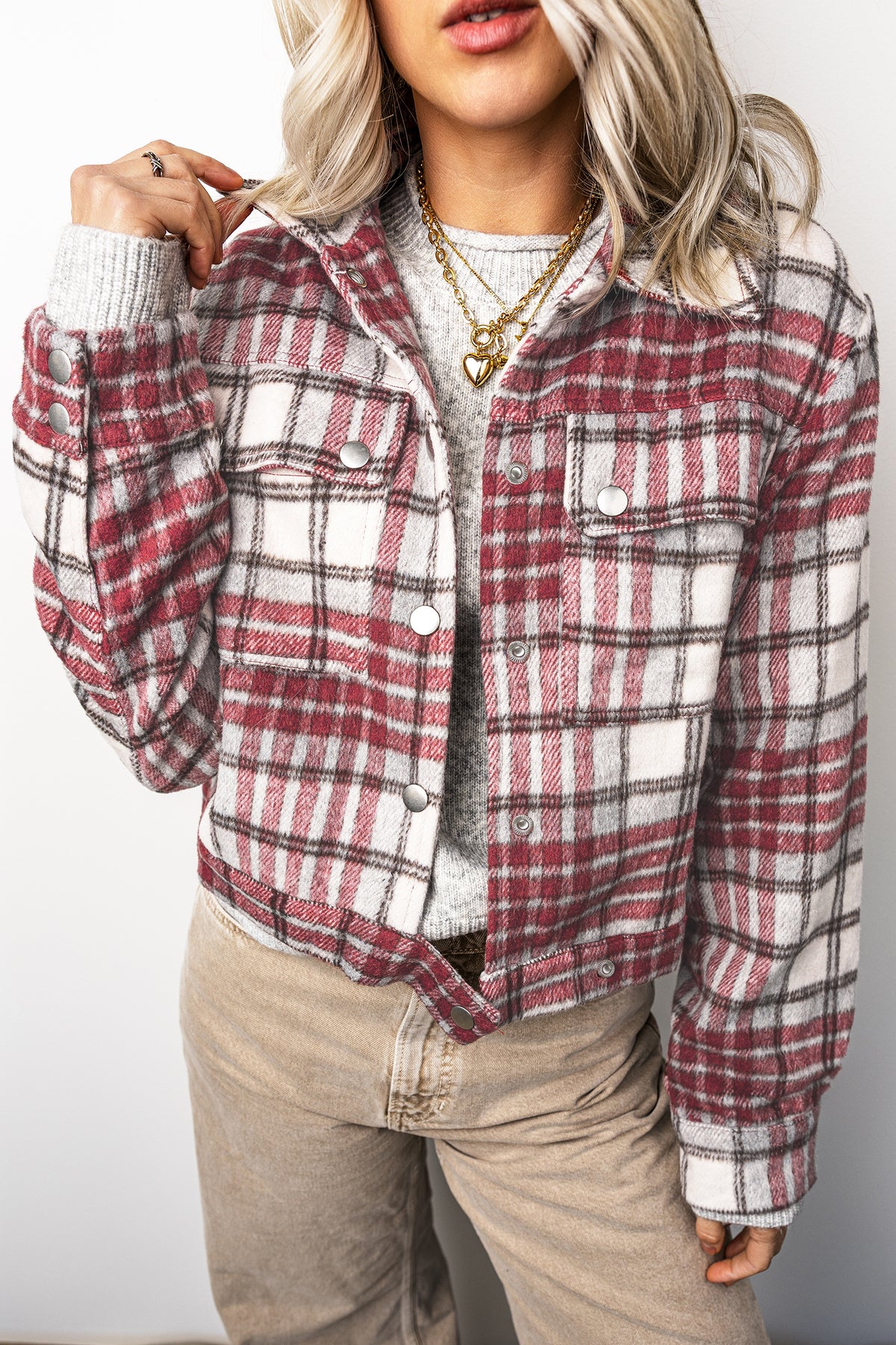Red Plaid Flannel Metal Button Collar Long Sleeve Vintage Shift Jacket-Outerwear/Jackets-[Adult]-[Female]-Red-S-2022 Online Blue Zone Planet