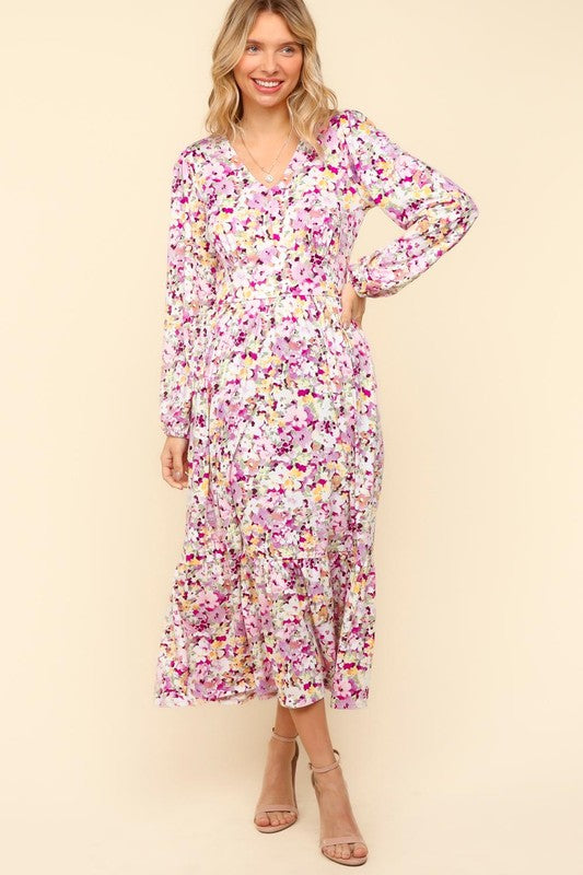 Haptics Full Size Floral V-Neck Long Sleeve Dress with Side Pockets-TOPS / DRESSES-[Adult]-[Female]-2022 Online Blue Zone Planet