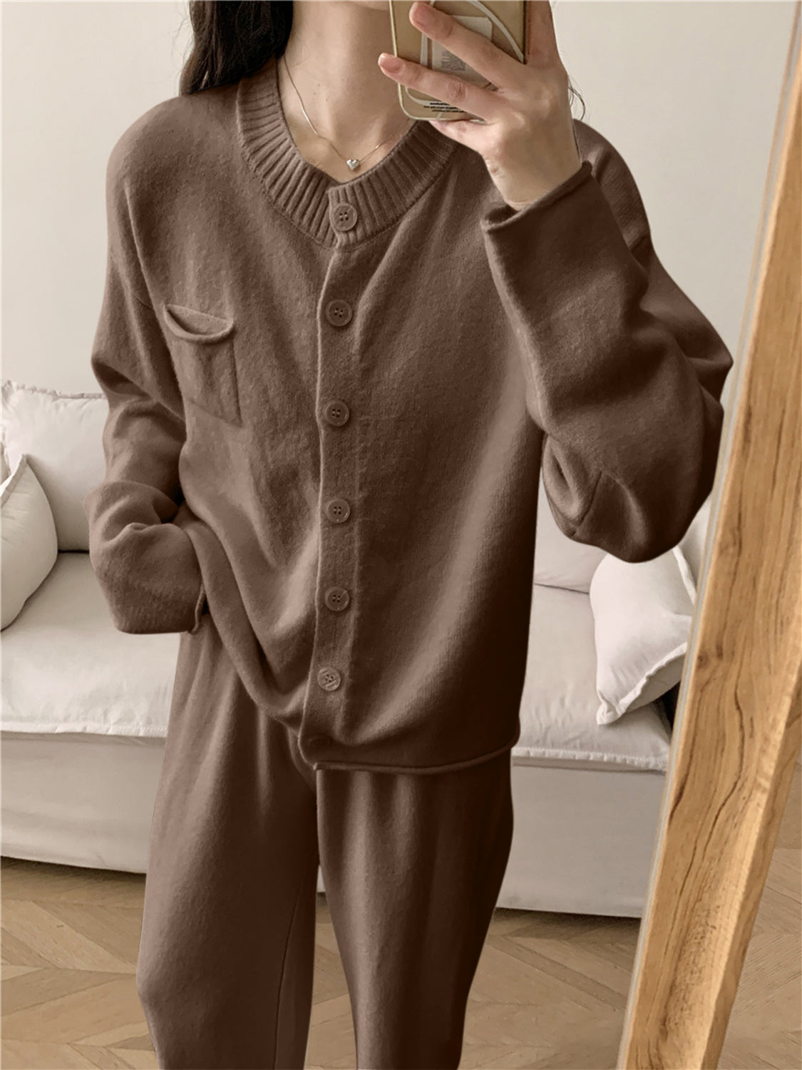 Pocketed Round Neck Button Up Cardigan and Pants Sweater Set-TOPS / DRESSES-[Adult]-[Female]-2022 Online Blue Zone Planet