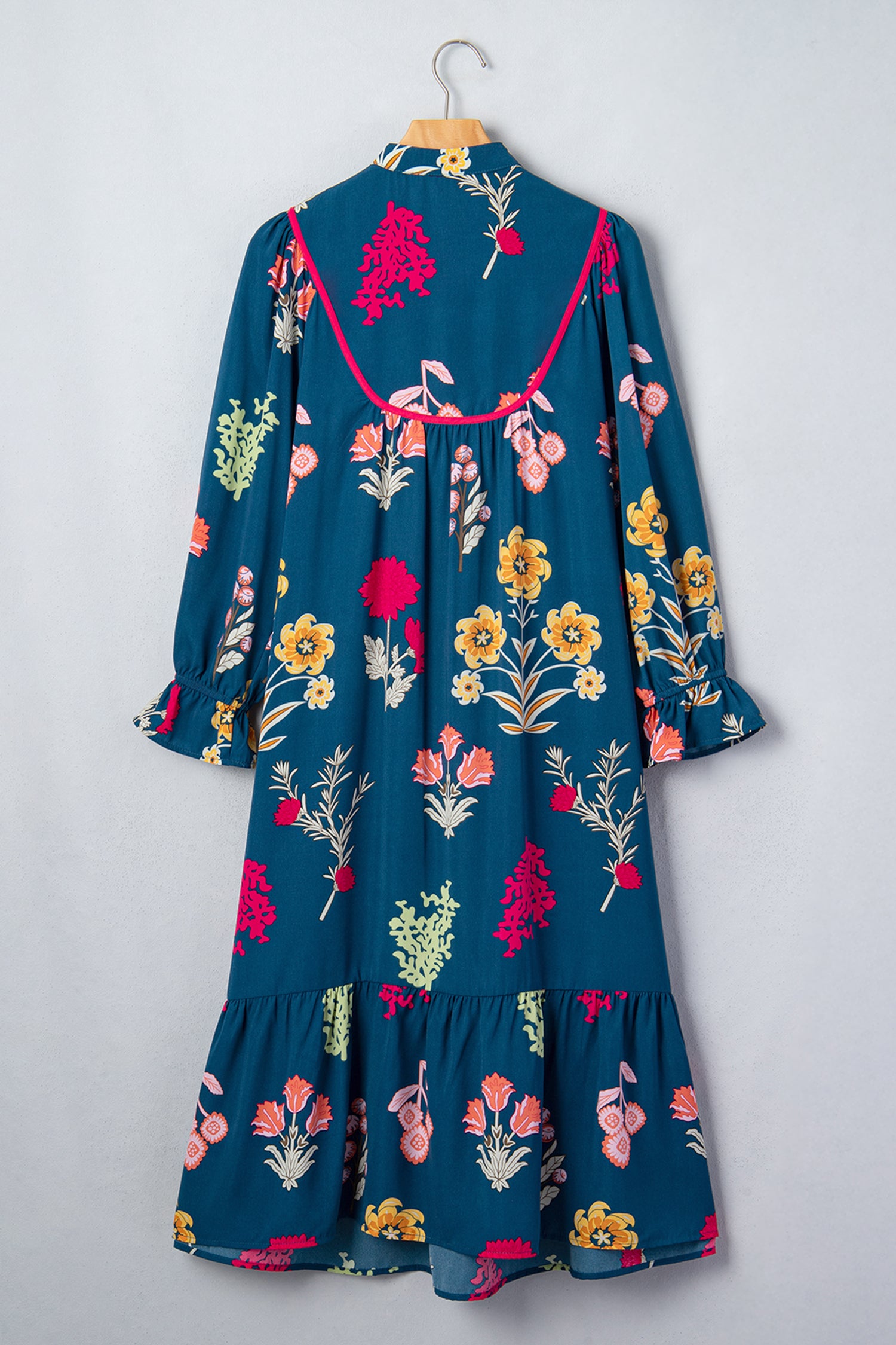 Blue Floral Print Gathered Neckline 7/8 Sleeve Casual Midi Dress-TOPS / DRESSES-[Adult]-[Female]-2022 Online Blue Zone Planet