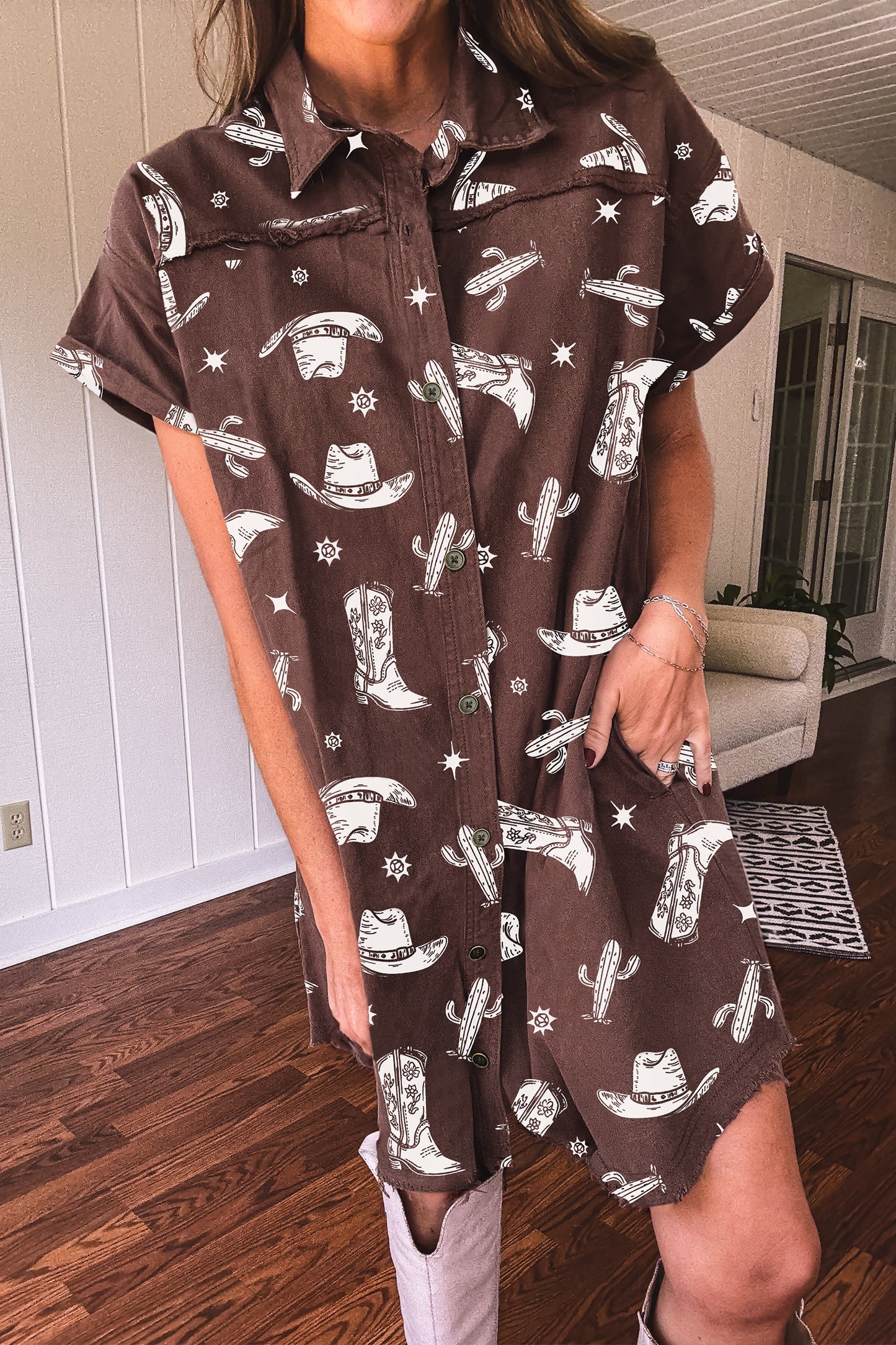 Brown Cowgirl Hats Boots Cactus Print Raw Edge Button Down Short Denim Dress-TOPS / DRESSES-[Adult]-[Female]-2022 Online Blue Zone Planet