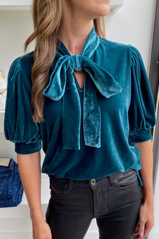 Tie Neck Half Sleeve Blouse-TOPS / DRESSES-[Adult]-[Female]-Deep Teal-S-2022 Online Blue Zone Planet