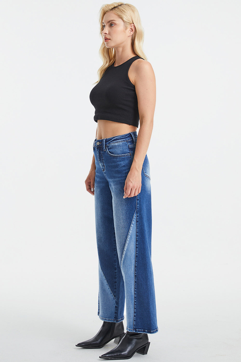 BAYEAS Full Size High Waist Two-Tones Patched Wide Leg Jeans BLUE ZONE PLANET