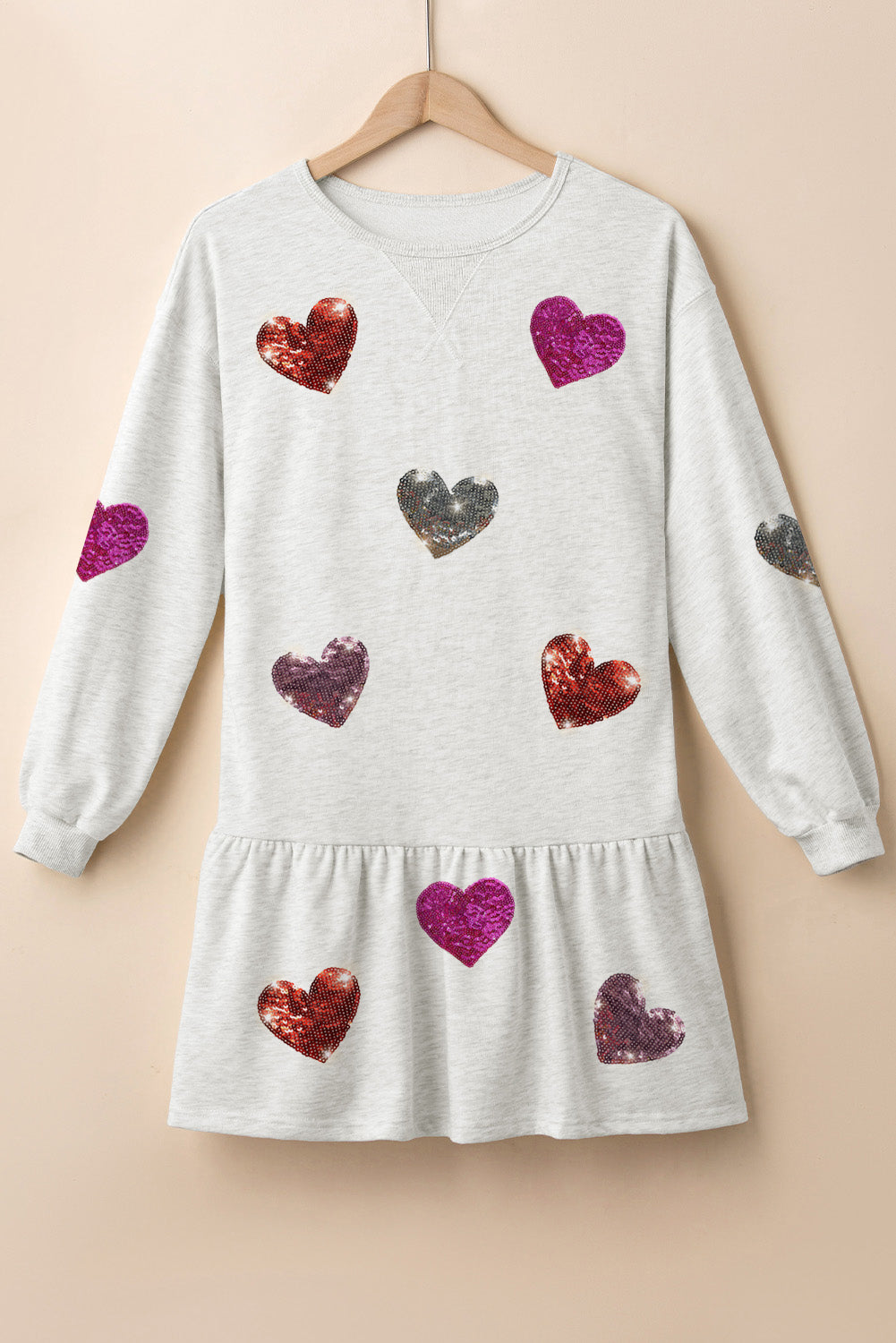 Sequin Heart Round Neck Long Sleeve Mini Dress-TOPS / DRESSES-[Adult]-[Female]-2022 Online Blue Zone Planet