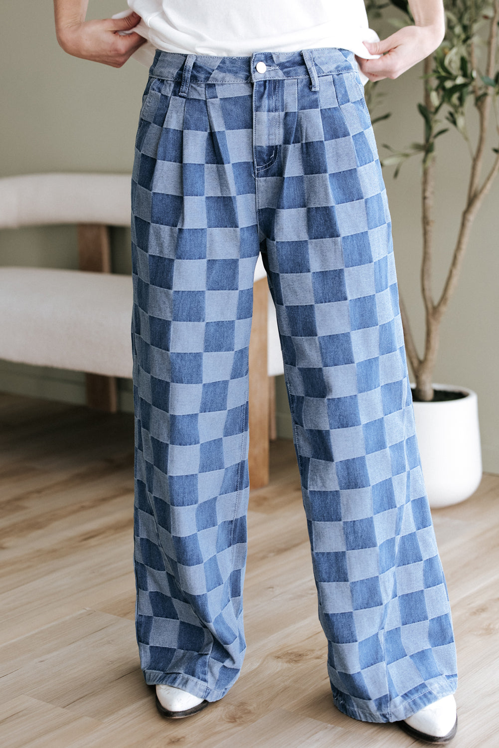Blue Zone Planet | Dusk Blue Checkered Denim Wide Leg Jeans-Bottoms/Jeans-[Adult]-[Female]-2022 Online Blue Zone Planet