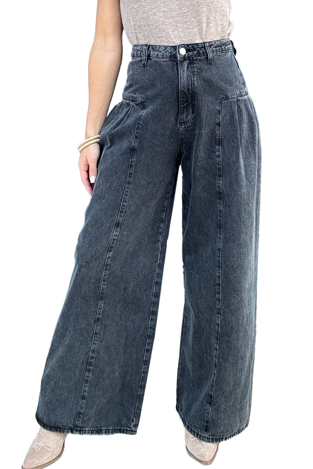 Dark Grey Pleated Wide Leg Mineral Wash Jeans-Jeans-[Adult]-[Female]-2022 Online Blue Zone Planet