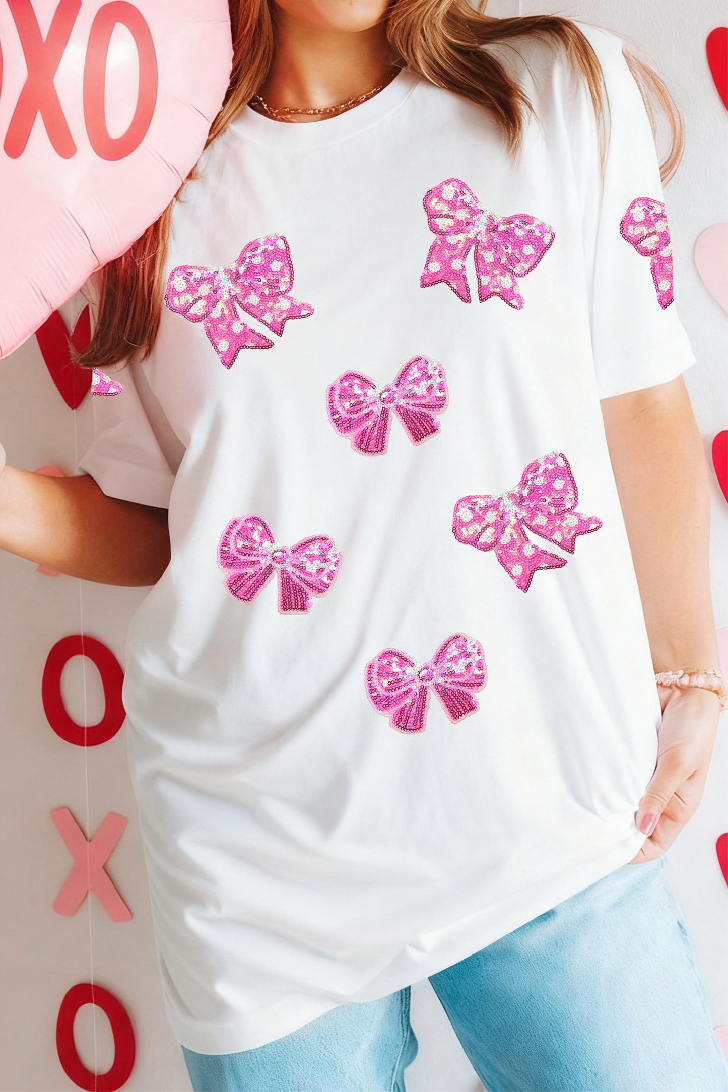 White Shimmering Bow Patched Pattern Valentine T Shirt-Graphic Tees-[Adult]-[Female]-White-2XL-2022 Online Blue Zone Planet