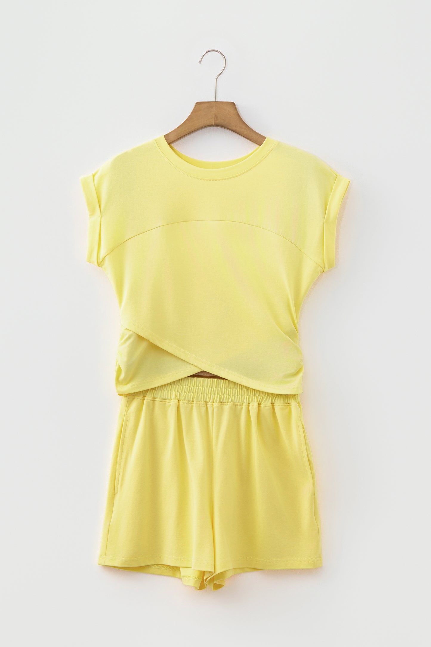 Mint Green Solid Short Sleeve Elastic Waist Pocket Casual Two Piece Short Set-Two Piece Sets/Short Sets-[Adult]-[Female]-2022 Online Blue Zone Planet