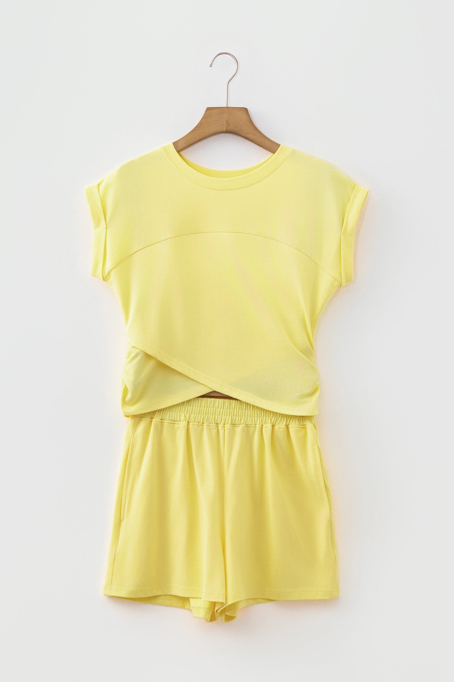 Mint Green Solid Short Sleeve Elastic Waist Pocket Casual Two Piece Short Set-Two Piece Sets/Short Sets-[Adult]-[Female]-2022 Online Blue Zone Planet