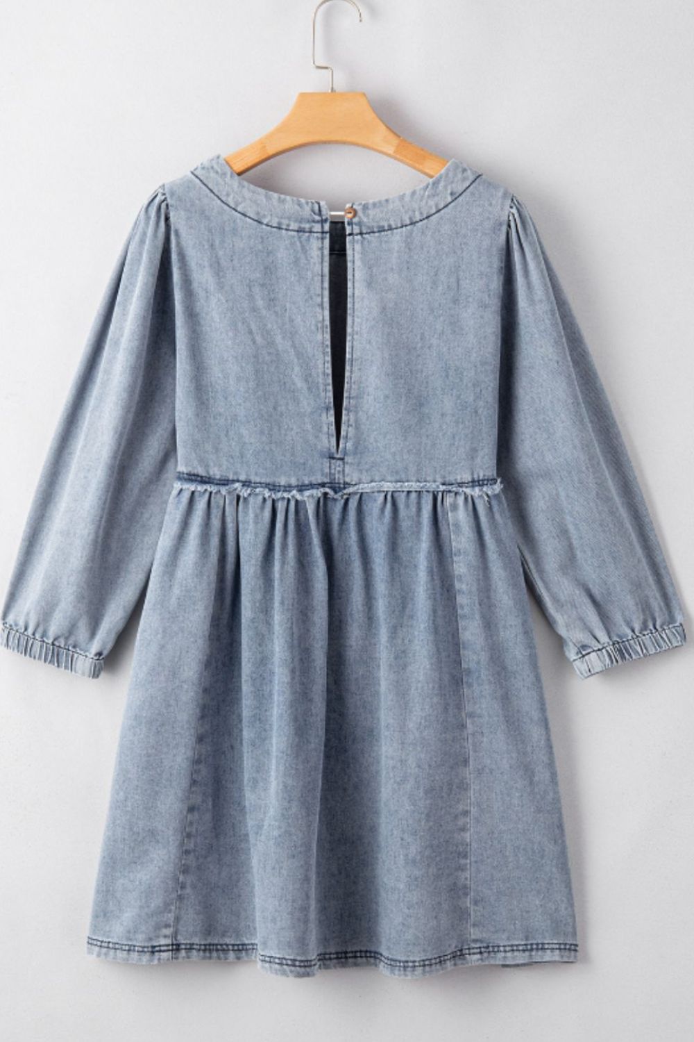 Cutout Round Neck Balloon Sleeve Denim Dress-TOPS / DRESSES-[Adult]-[Female]-2022 Online Blue Zone Planet