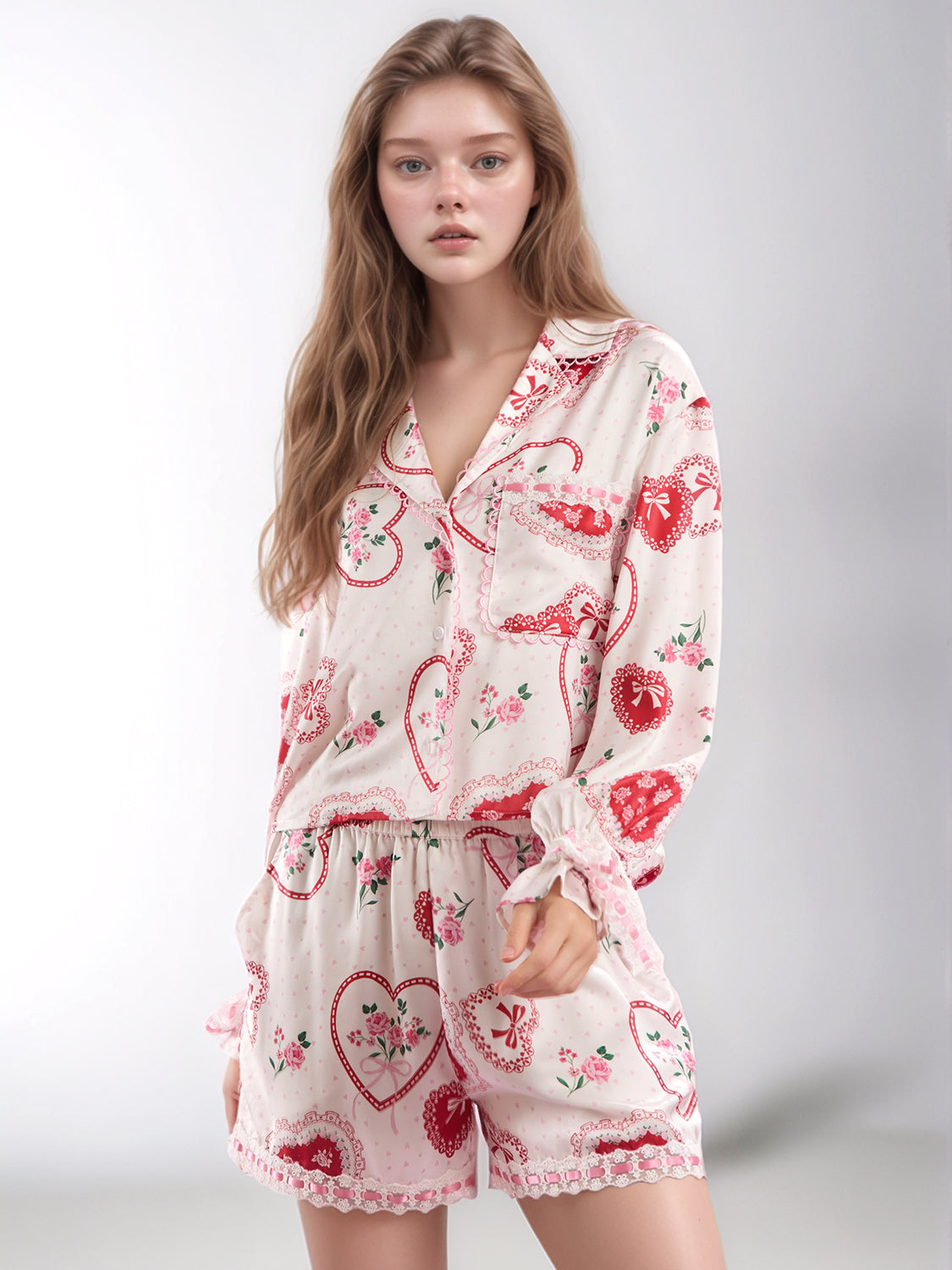 Valentine’s Day Lace Detail Heart Print Collared Neck Top and Shorts Lounge Set-TOPS / DRESSES-[Adult]-[Female]-Cream-S-2022 Online Blue Zone Planet