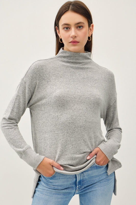 Be Cool Side Slit Mock Neck Long Sleeve Tunic Top-TOPS / DRESSES-[Adult]-[Female]-Charcoal-S-2022 Online Blue Zone Planet