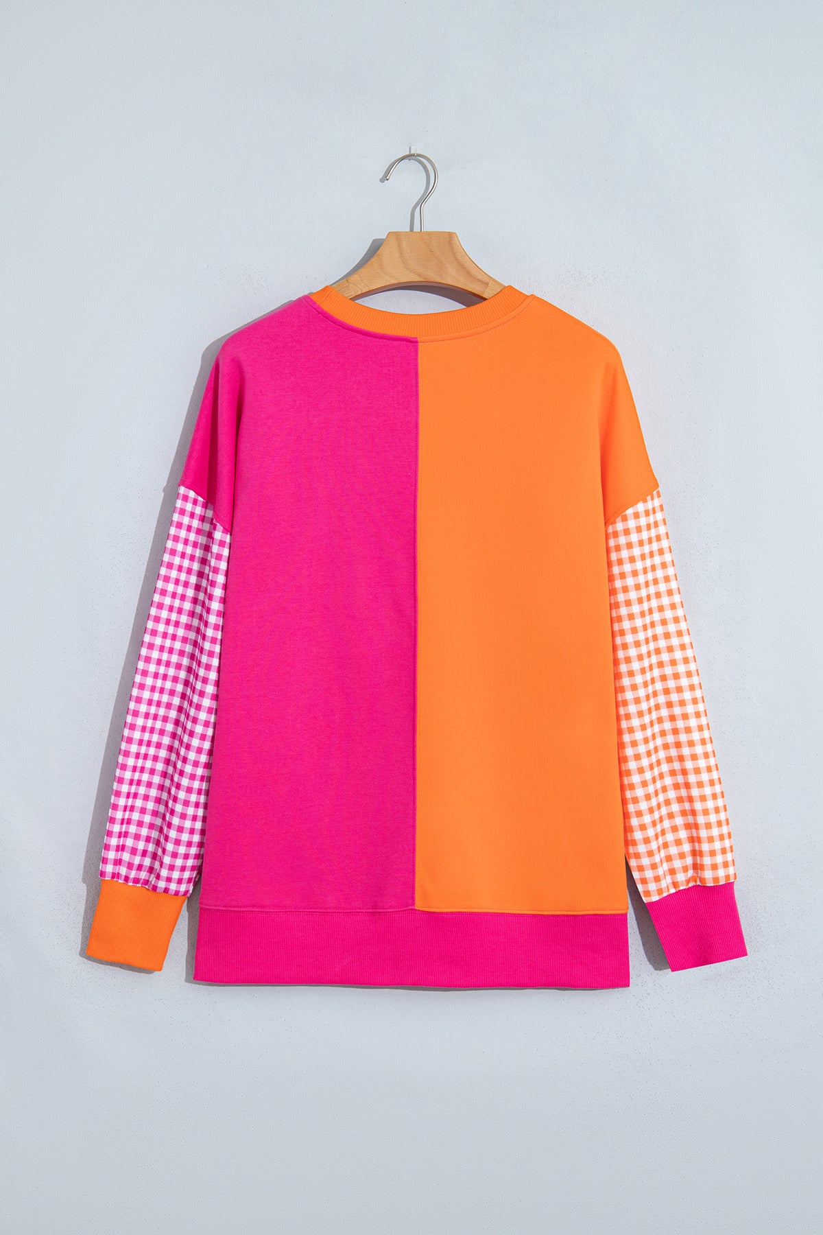 Rose Red Colorblock Gingham Sleeve Crewneck Sweatshirt-Tops/Sweatshirts & Hoodies-[Adult]-[Female]-2022 Online Blue Zone Planet