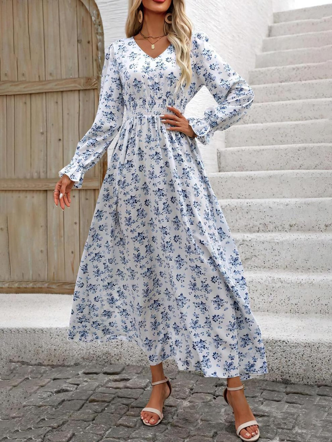 Smocked Printed V-Neck Flounce Sleeve Dress-TOPS / DRESSES-[Adult]-[Female]-2022 Online Blue Zone Planet