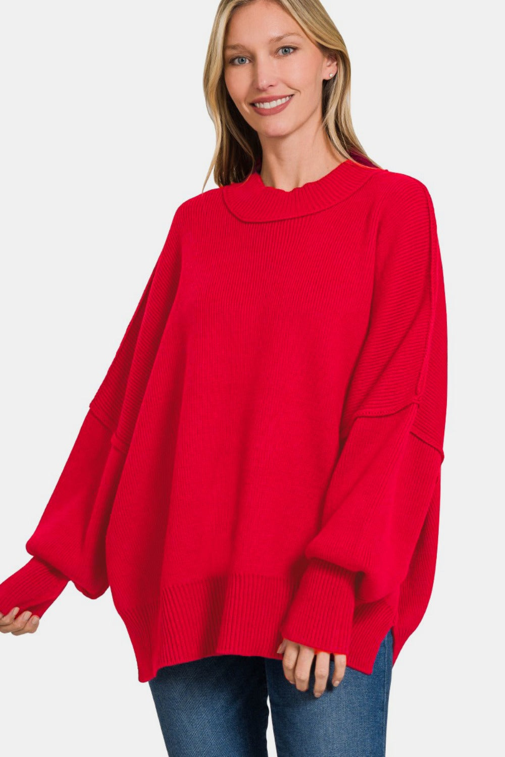 Blue Zone Planet | Zenana Side Sit Oversize Sweater-TOPS / DRESSES-[Adult]-[Female]-2022 Online Blue Zone Planet