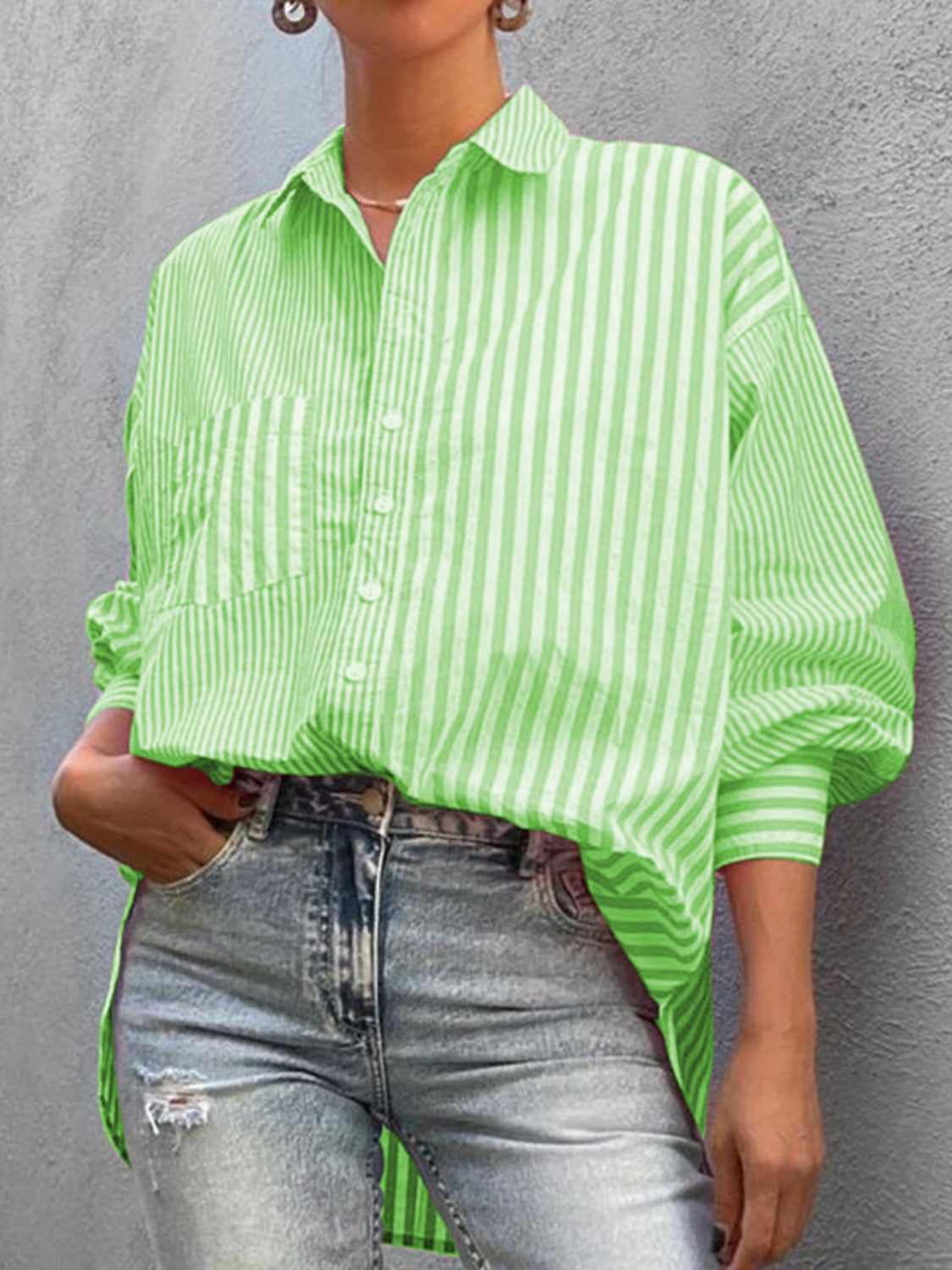 Striped Button Down Long Sleeve Shirt-TOPS / DRESSES-[Adult]-[Female]-Neon Green-S-2022 Online Blue Zone Planet