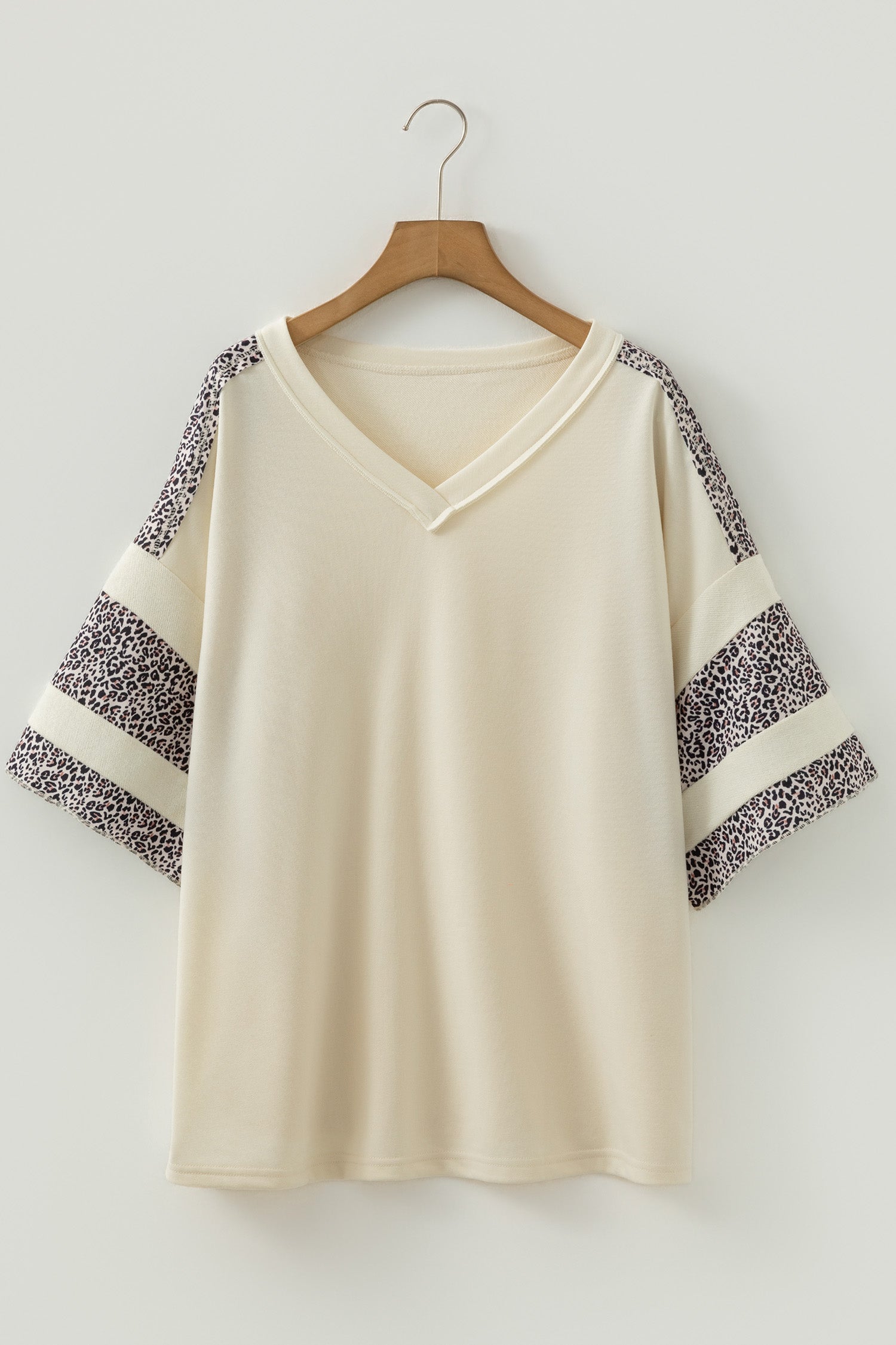 Apricot V Neck Exposed Seam Leopard Color Block Patchwork Half Sleeve Top-Plus Size/Plus Size Tops/Plus Size Tops & Tees-[Adult]-[Female]-2022 Online Blue Zone Planet