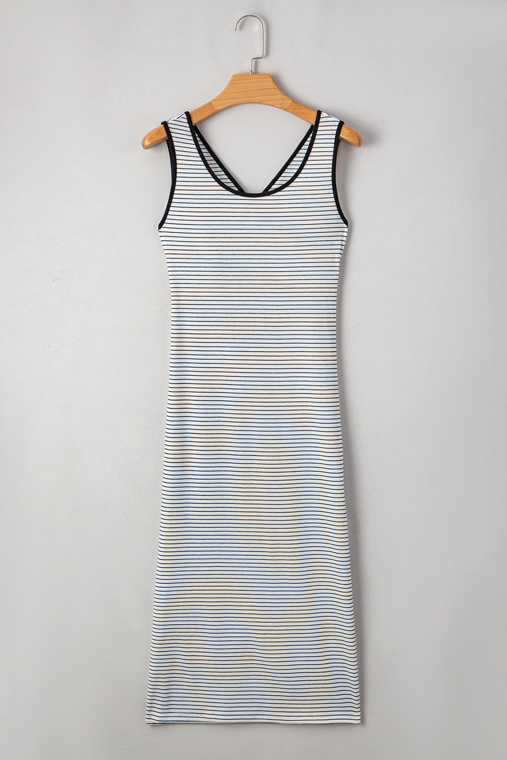 White Stripe Criss Cross Side Slits Slim Fit Sleeveless Midi Dress-TOPS / DRESSES-[Adult]-[Female]-2022 Online Blue Zone Planet