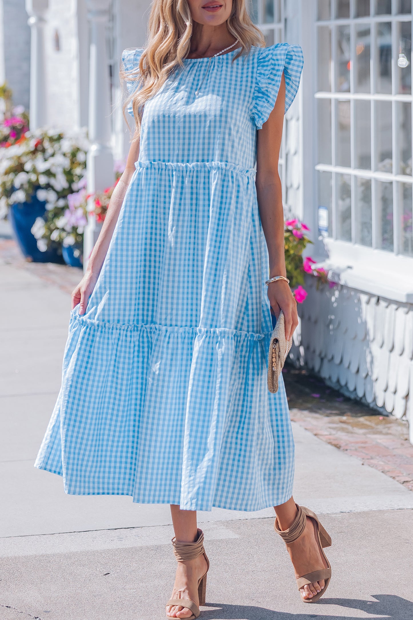 Sky Blue Knot Back Ruffled Short Sleeve Gingham Maxi Dress-TOPS / DRESSES-[Adult]-[Female]-2022 Online Blue Zone Planet