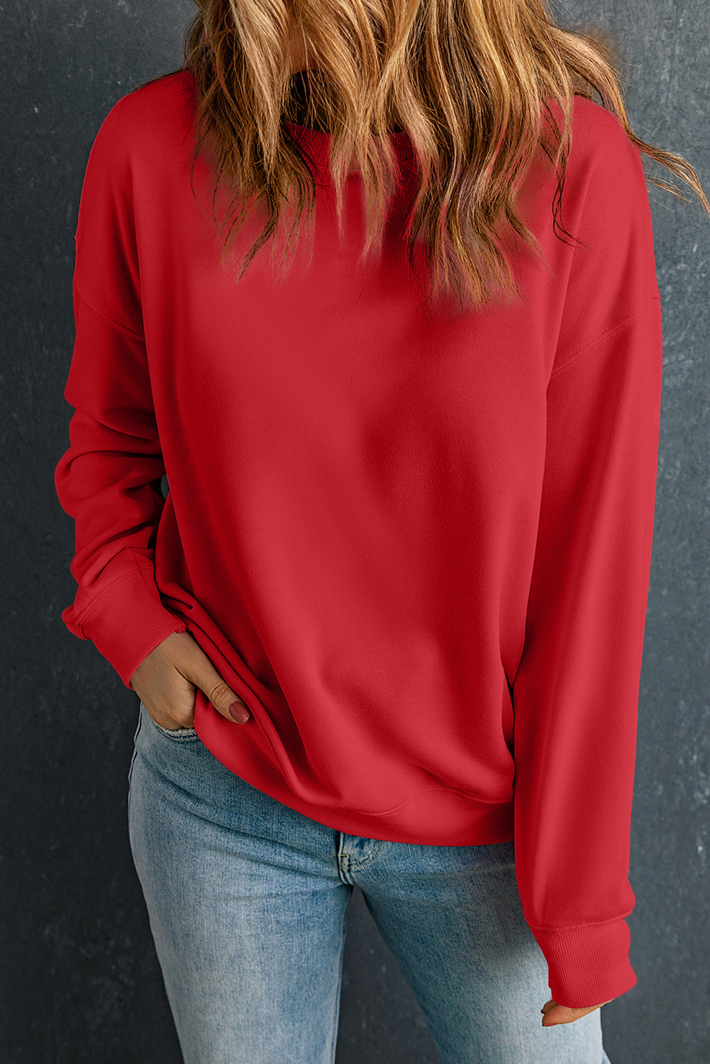 Blue Zone Planet | Bonbon Solid Classic Crewneck Pullover Sweatshirt-Tops/Sweatshirts & Hoodies-[Adult]-[Female]-Red-S-2022 Online Blue Zone Planet