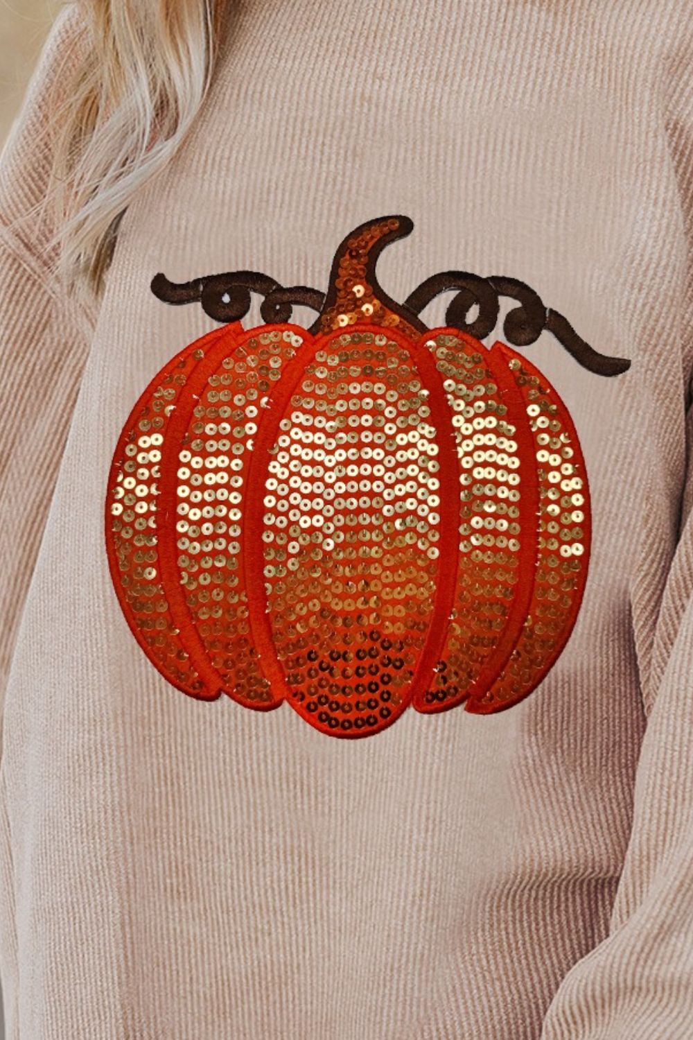 Sequin Pumpkin Round Neck Long Sleeve Sweatshirt-TOPS / DRESSES-[Adult]-[Female]-2022 Online Blue Zone Planet