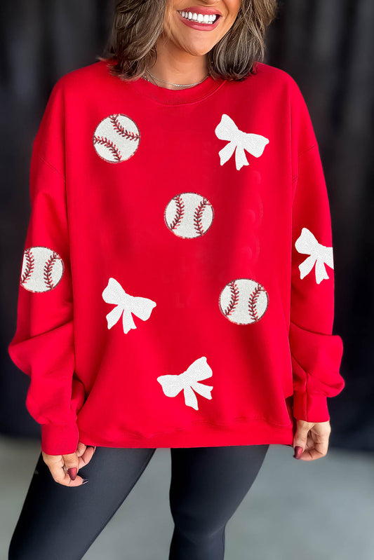 Red Sequin Baseball Bow Patched Pattern Game Day Pullover Sweatshirt-Graphic/Graphic Sweatshirts-[Adult]-[Female]-Red-S-2022 Online Blue Zone Planet