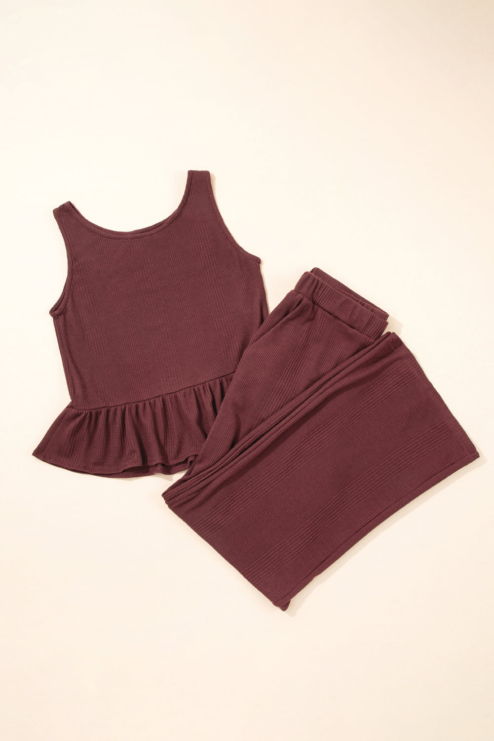 Red Dahlia Solid Color Ribbed Ruffle Tank Top and Pants Set-Two Piece Sets/Pant Sets-[Adult]-[Female]-2022 Online Blue Zone Planet