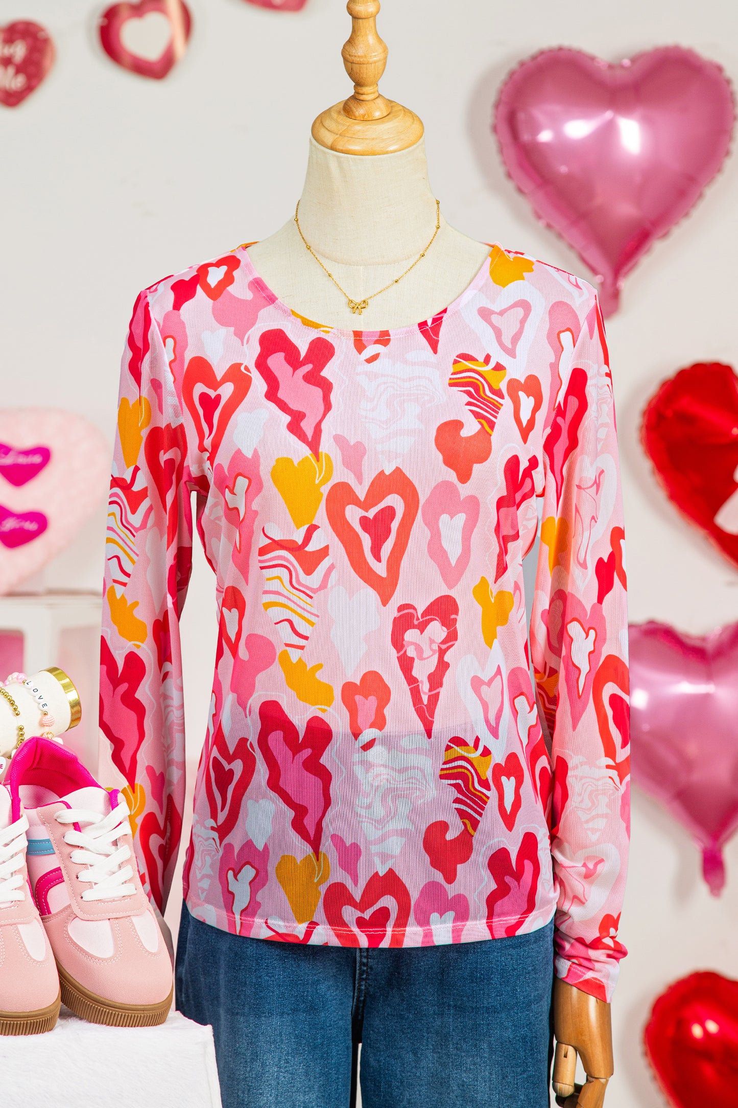 Rose Valentine Heart Mesh Long Sleeve Top-Tops/Long Sleeve Tops-[Adult]-[Female]-2022 Online Blue Zone Planet