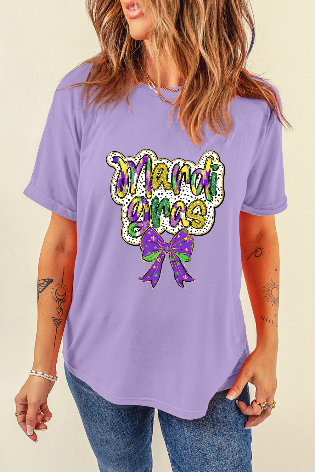 Wisteria mardi gras Bow Graphic Crewneck Holiday T Shirt-Graphic Tees-[Adult]-[Female]-2022 Online Blue Zone Planet