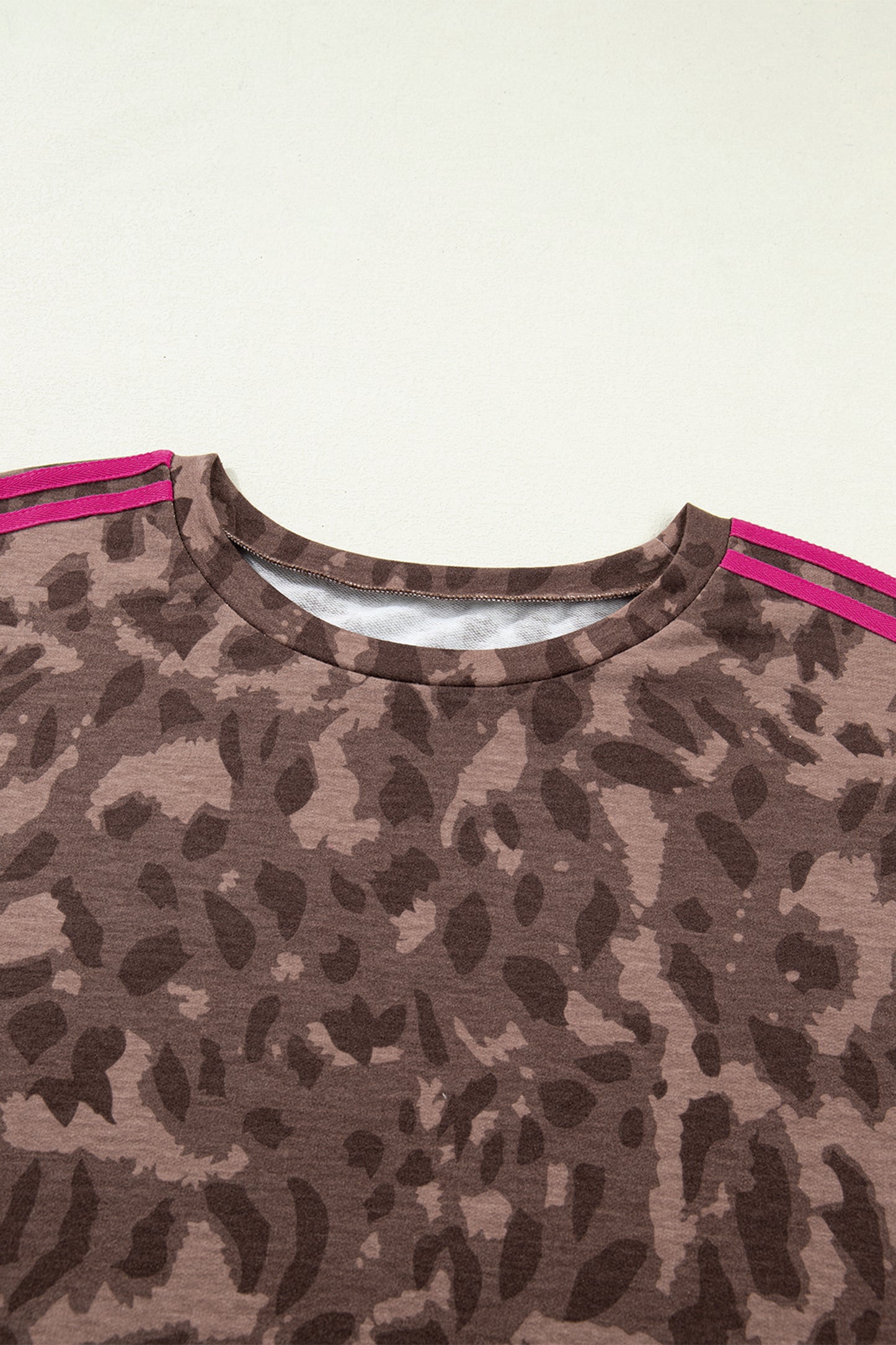 Brown Retro Leopard Print Contrast Varsity Stripe Trim Plus Size 2pcs Short Set-Plus Size/Plus Size Loungewear-[Adult]-[Female]-2022 Online Blue Zone Planet