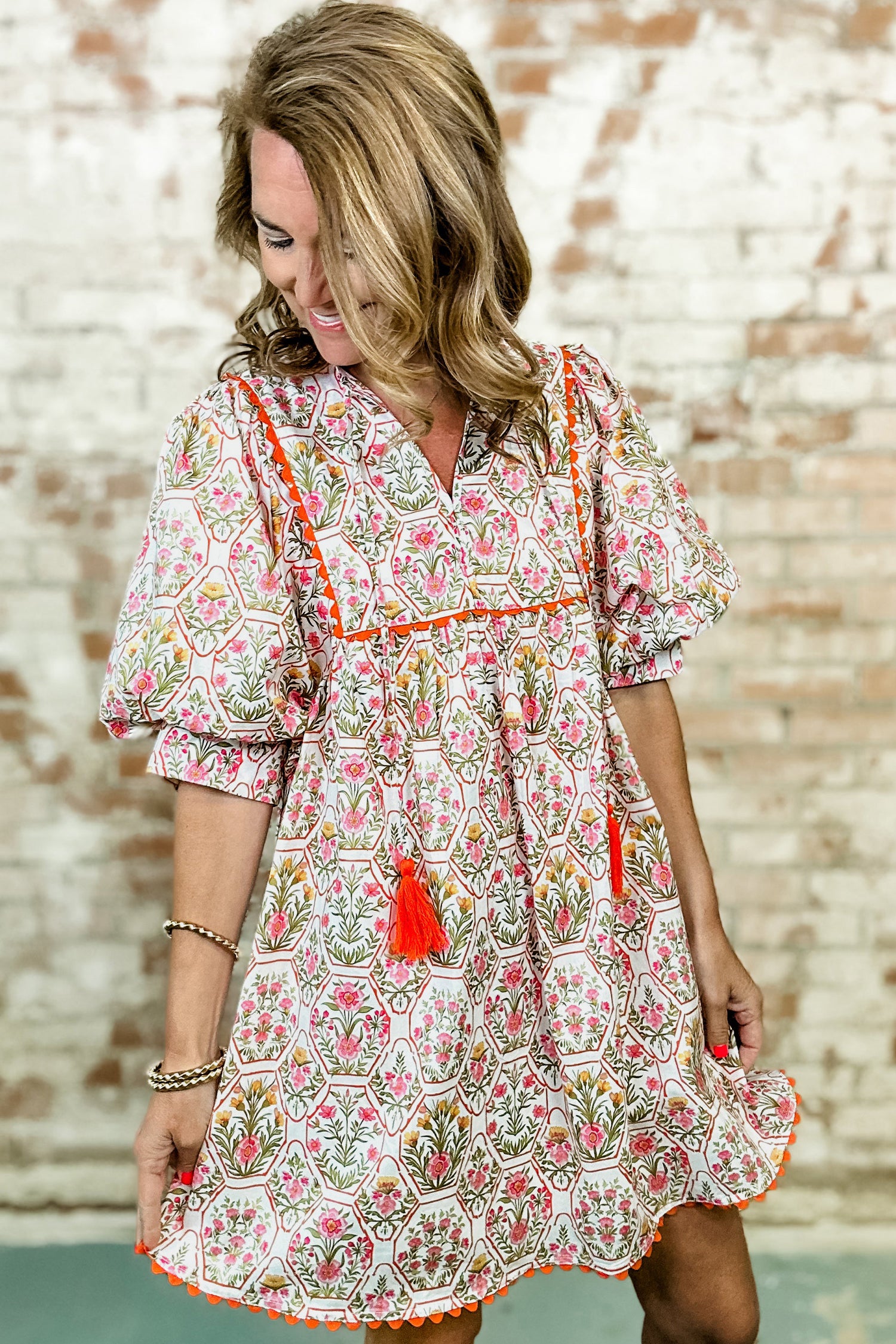 Pink Floral Print Tassel Tie V Neck Scalloped Detail Loose Mini Dress-Dresses/Floral Dresses-[Adult]-[Female]-2022 Online Blue Zone Planet