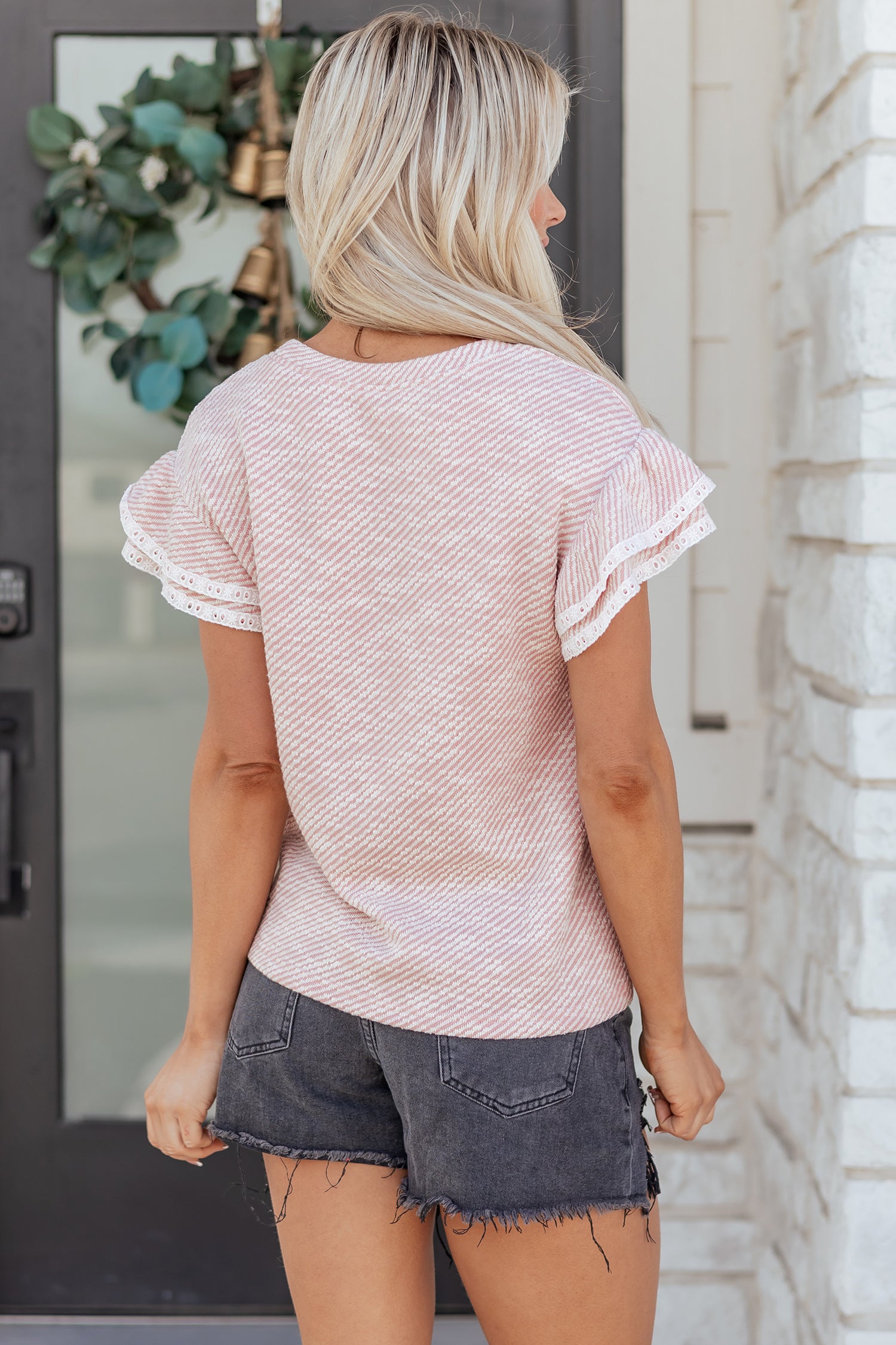 Light Pink Twilled Print Lace Trim Ruffled Short Sleeve Blouse-Tops/Blouses & Shirts-[Adult]-[Female]-2022 Online Blue Zone Planet