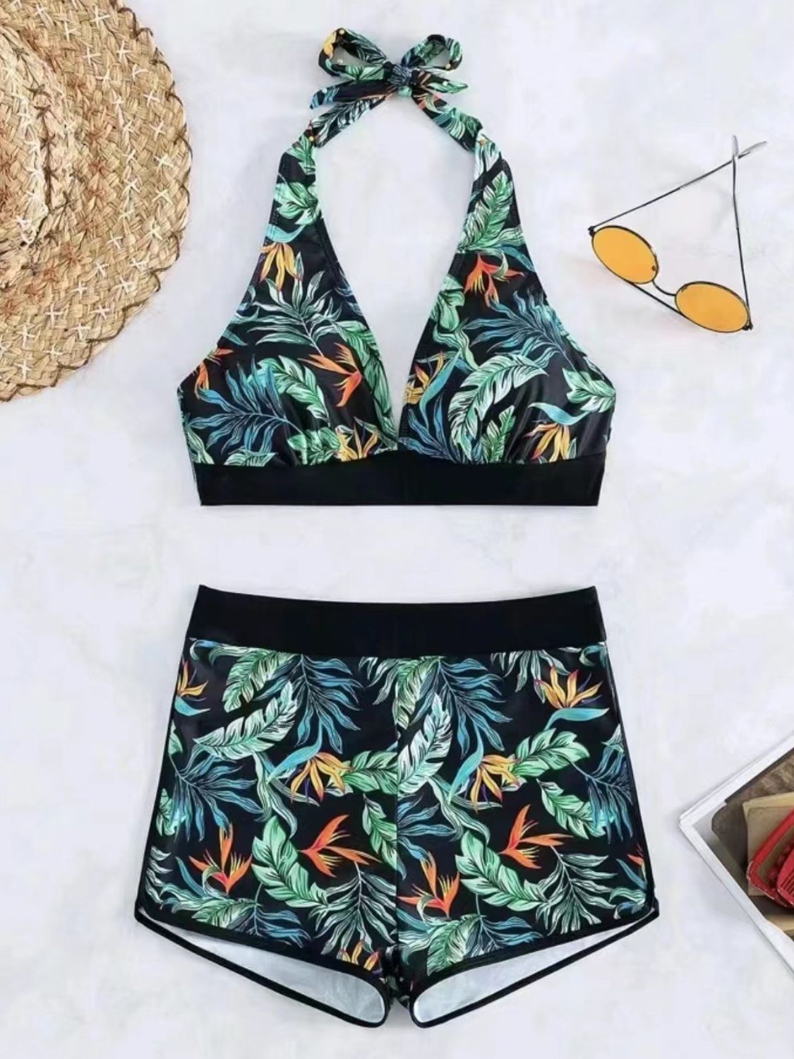 Blue Zone Planet | Printed Halter Neck Two-Piece Swim Set-TOPS / DRESSES-[Adult]-[Female]-2022 Online Blue Zone Planet