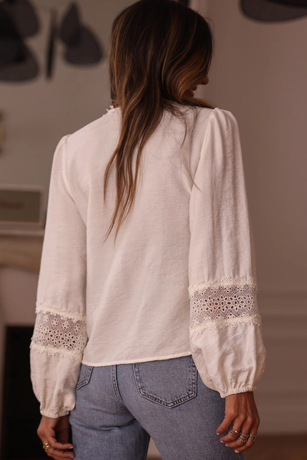 White Solid Color Floral Guipure Lace Patchwork Frilled Long Sleeve Blouse-Tops/Blouses & Shirts-[Adult]-[Female]-2022 Online Blue Zone Planet