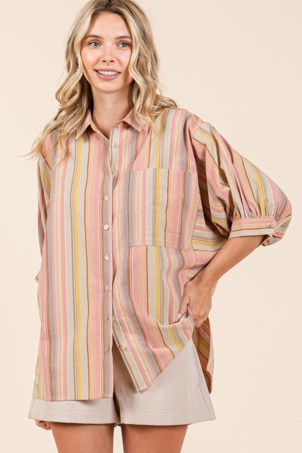 Mittoshop Striped Bubble Sleeve Button Down Shirt-TOPS / DRESSES-[Adult]-[Female]-2022 Online Blue Zone Planet