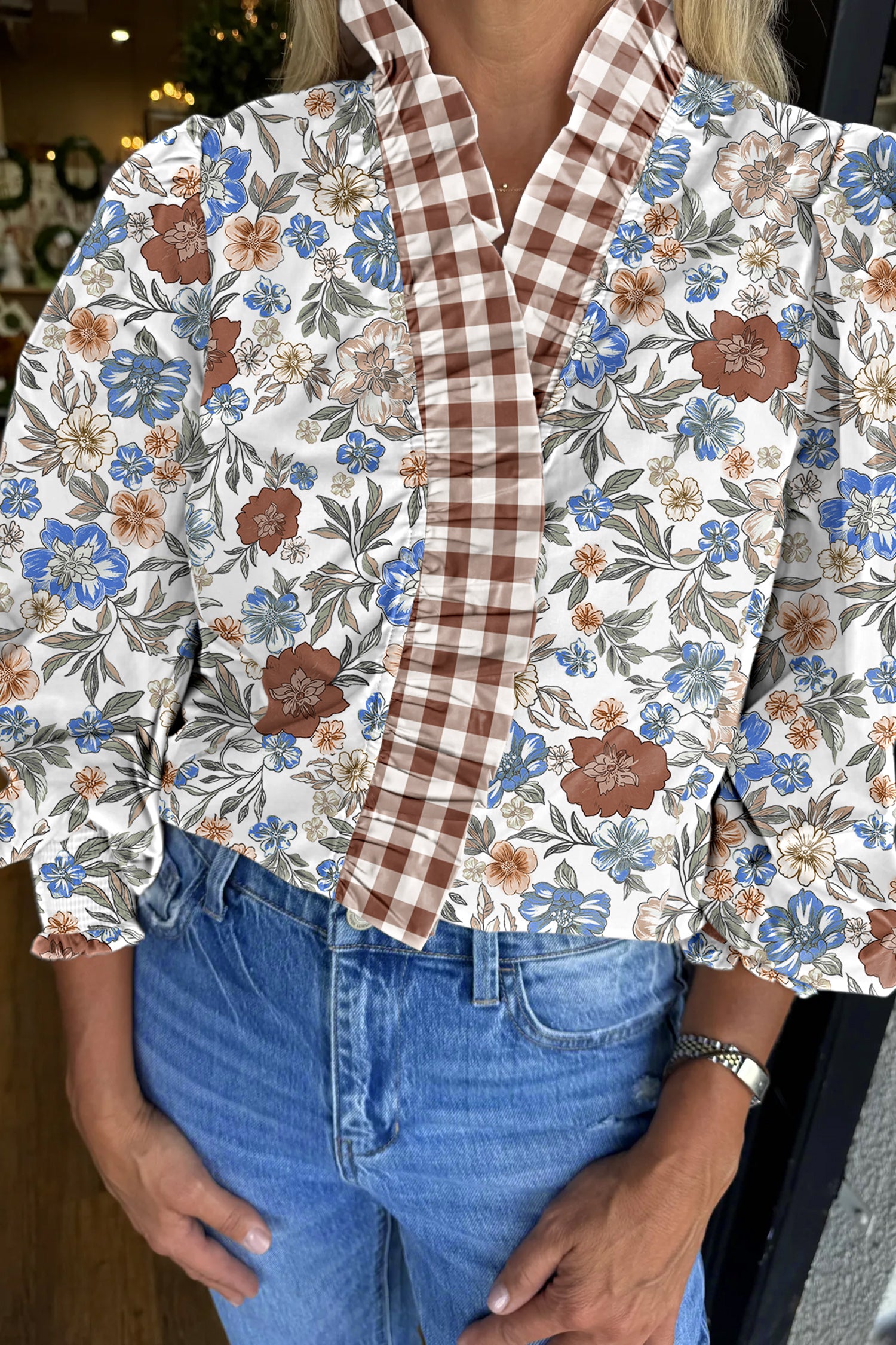 Brown Plaid Frilled Trim V Neck Floral Long Sleeve Blouse-Tops/Blouses & Shirts-[Adult]-[Female]-2022 Online Blue Zone Planet