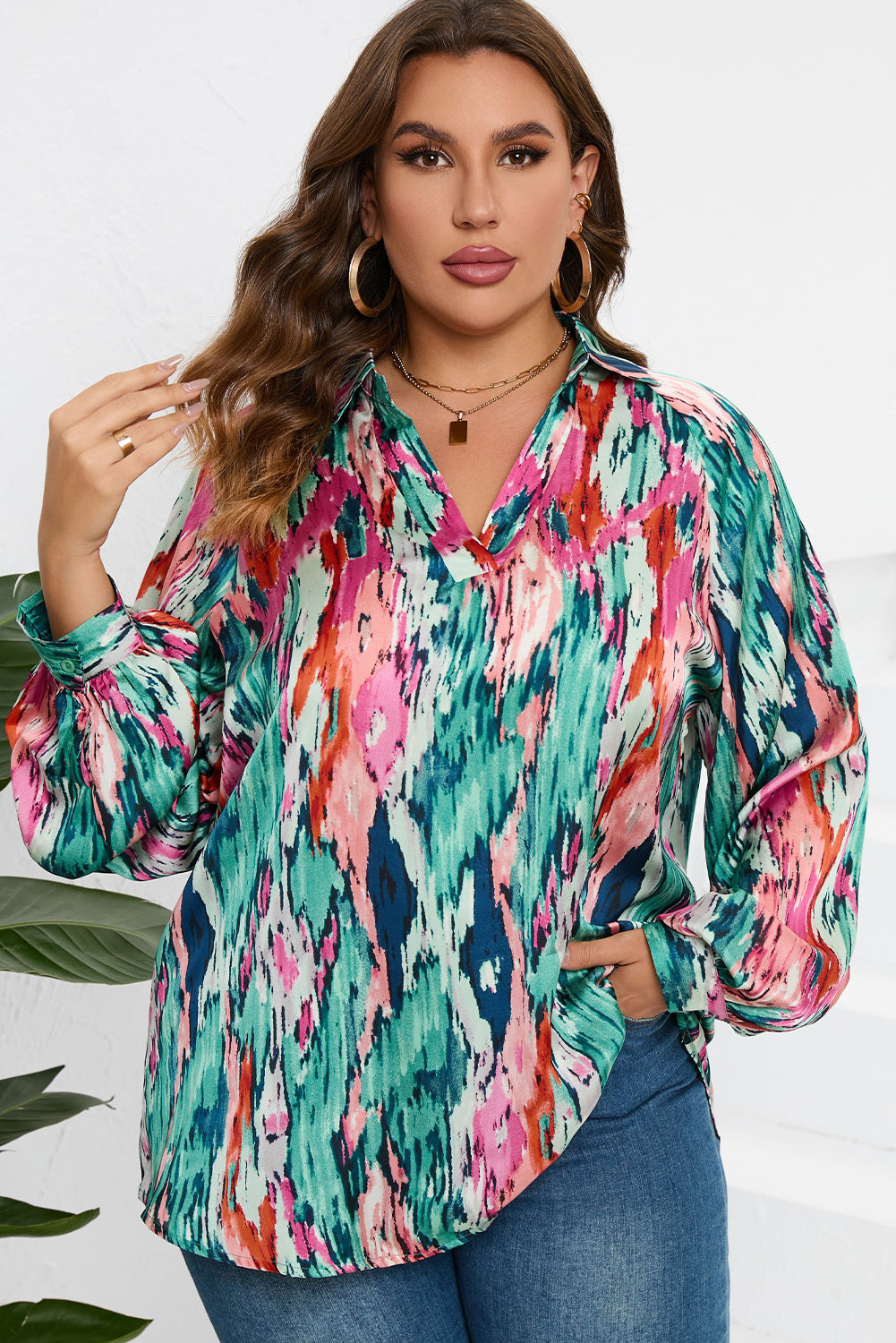 Plus Size Printed Johnny Collar Long Sleeve Blouse-TOPS / DRESSES-[Adult]-[Female]-Turquoise-1XL-2022 Online Blue Zone Planet