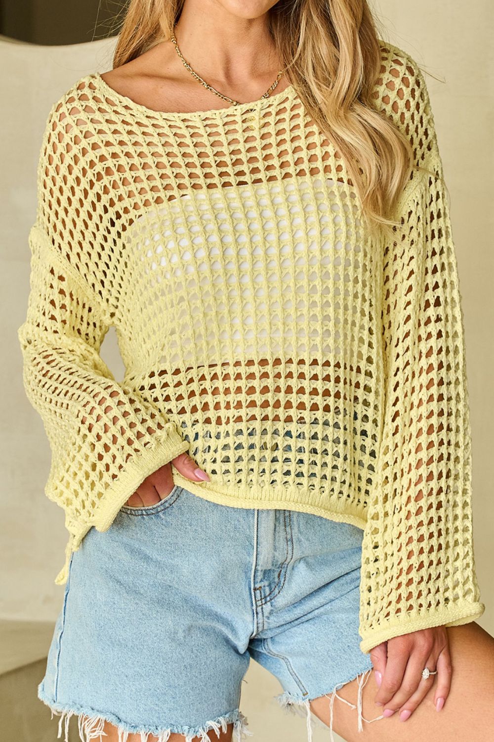 Openwork Round Neck Dropped Shoulder Knit Cover Up-TOPS / DRESSES-[Adult]-[Female]-Light Yellow-M-2022 Online Blue Zone Planet