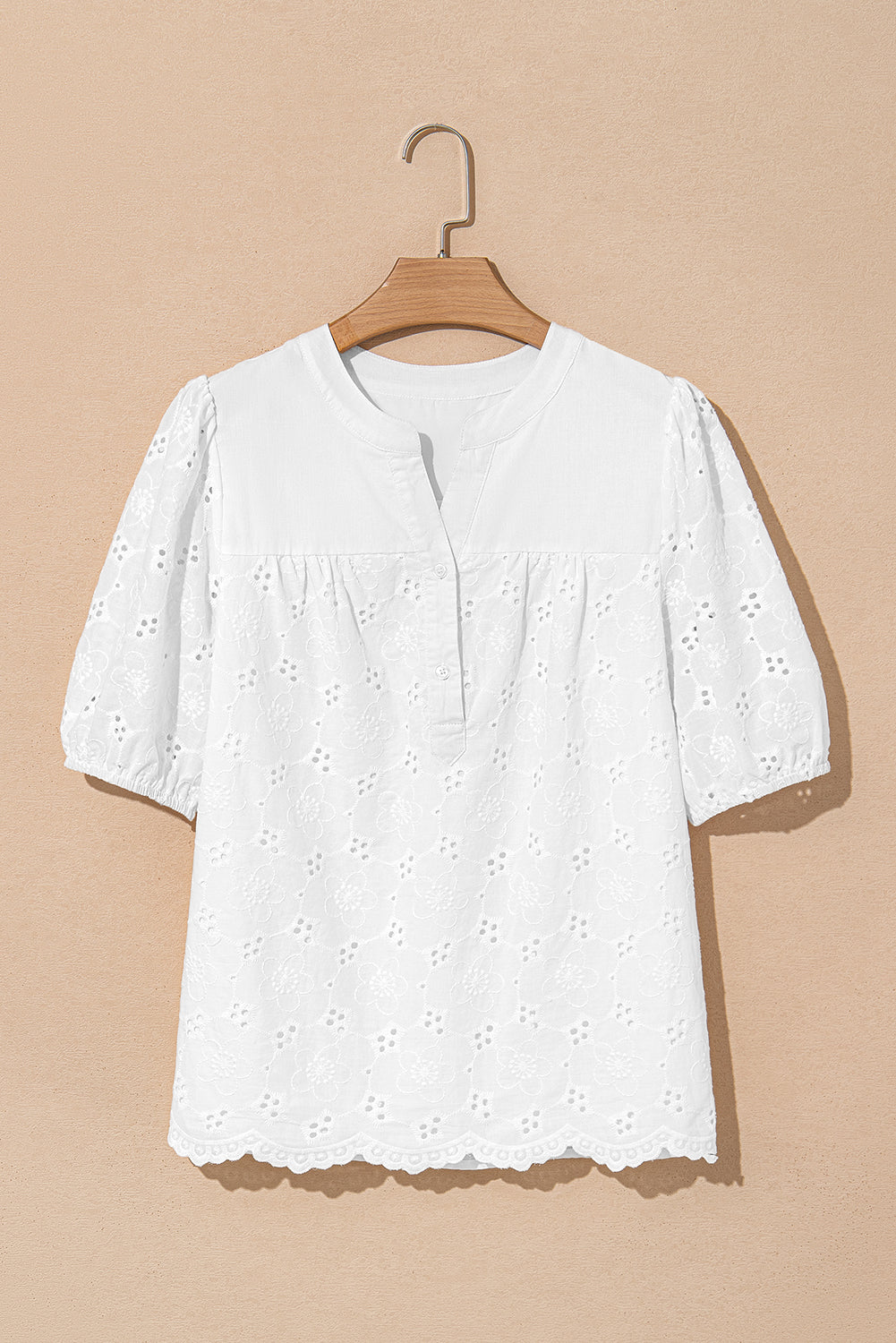 Sky Blue Lace Crochet V Neck Half Sleeve Embroidery Button Down Blouses Casual Shirts-Blouses & Shirts-[Adult]-[Female]-2022 Online Blue Zone Planet