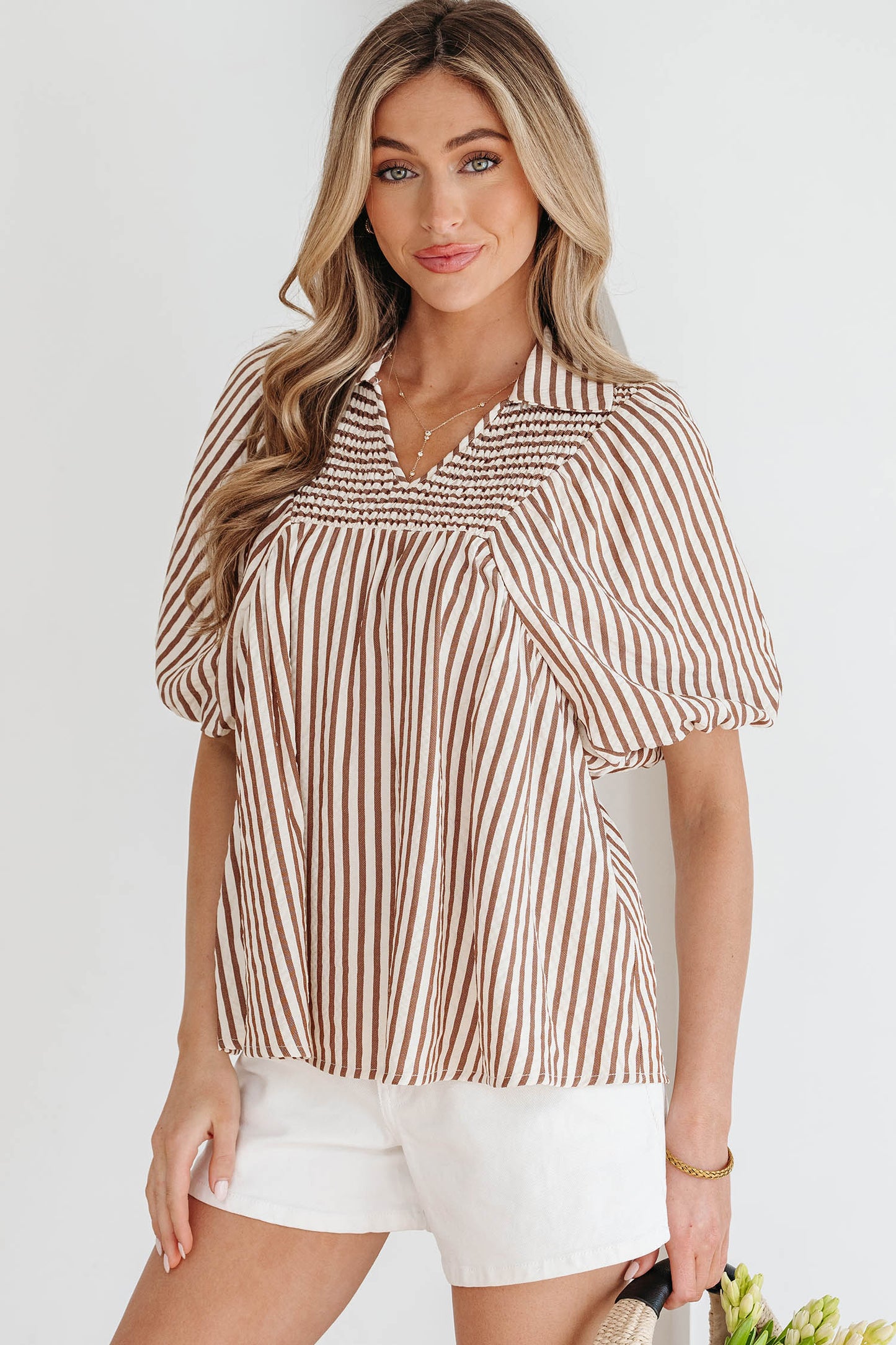 Brown Stripe Shirred V Neck Short Puff Sleeve Blouse-Tops/Blouses & Shirts-[Adult]-[Female]-2022 Online Blue Zone Planet
