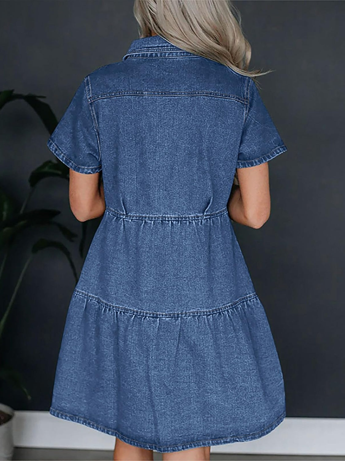 Pocketed Button Up Collared Neck Short Sleeve Denim Dress-TOPS / DRESSES-[Adult]-[Female]-Dusty Blue-S-2022 Online Blue Zone Planet