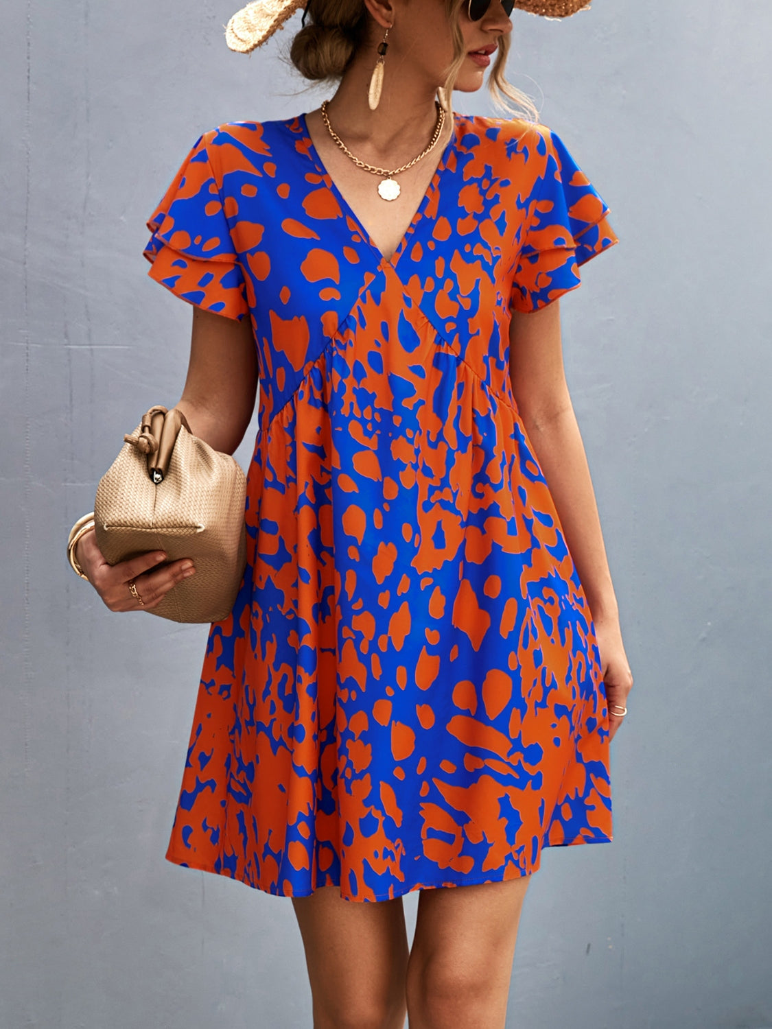 Ruffled Printed V-Neck Short Sleeve Mini Dress-TOPS / DRESSES-[Adult]-[Female]-2022 Online Blue Zone Planet