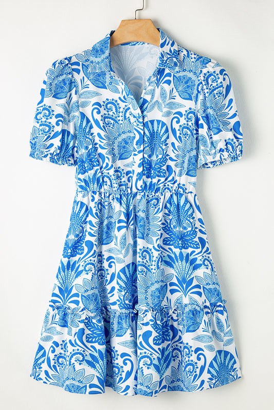 Blue Zone Planet | Sky Blue Retro Floral Print Drawstring Waist Ruffled Mini Dress-TOPS / DRESSES-[Adult]-[Female]-2022 Online Blue Zone Planet