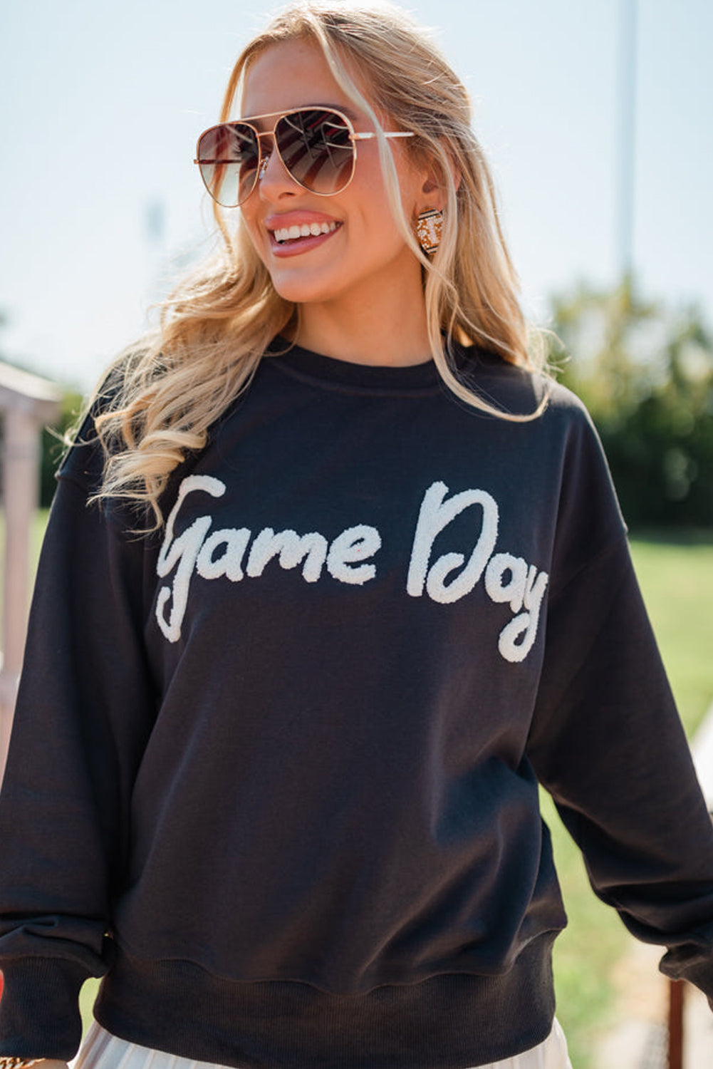 Black Chenille Game Day Graphic Drop Shoulder Sweatshirt-Tops/Sweatshirts & Hoodies-[Adult]-[Female]-2022 Online Blue Zone Planet