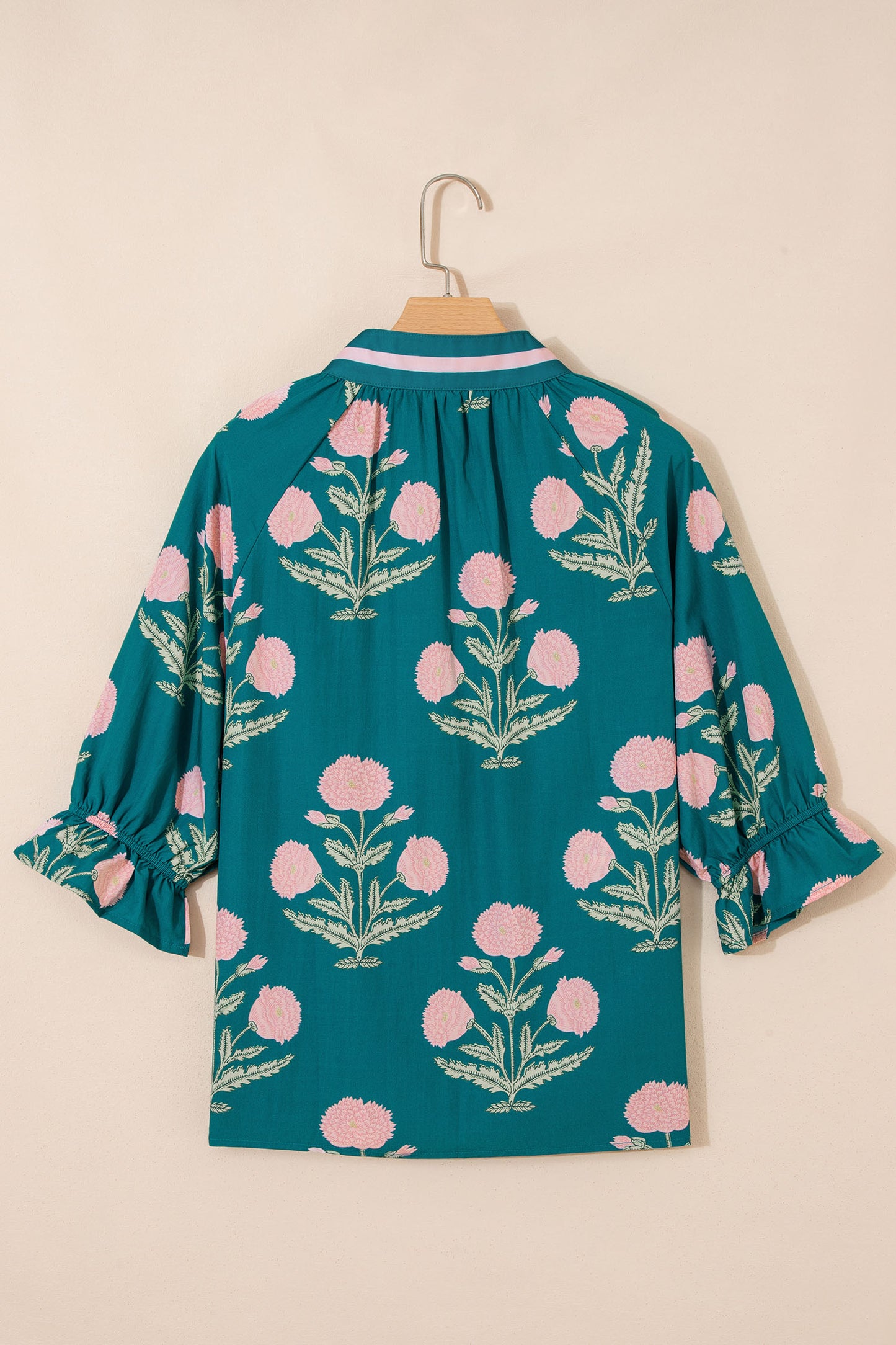Sky Blue Casual Wild Flower Print V Neck 3/4 Sleeve Blouse-Tops/Blouses & Shirts-[Adult]-[Female]-2022 Online Blue Zone Planet